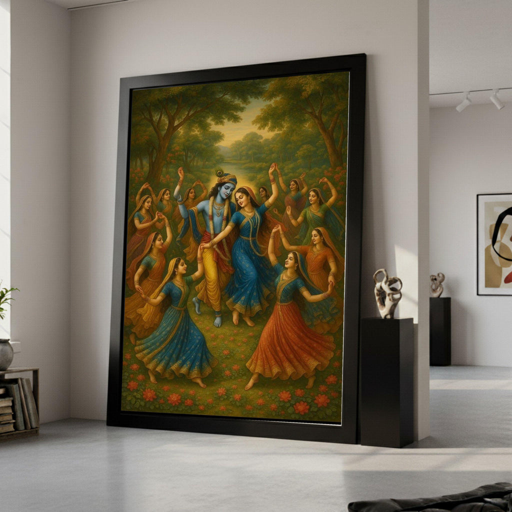 Krishna Radha and Gopis Dance Canvas Art, Traditional Indian Mythology Wall Decor, Spiritual Hindu God Painting, Vibrant Ready To Hang,
