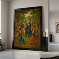 Krishna Radha and Gopis Dance Canvas Art, Traditional Indian Mythology Wall Decor, Spiritual Hindu God Painting, Vibrant Ready To Hang,