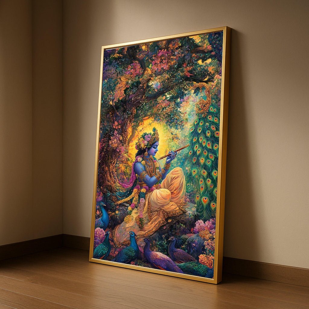 Divine Krishna Playing Flute Canvas, Indian Mythology Wall Art, Vibrant Peacock Nature Painting, Spiritual Home Decor, Sacred Ready To Hang,