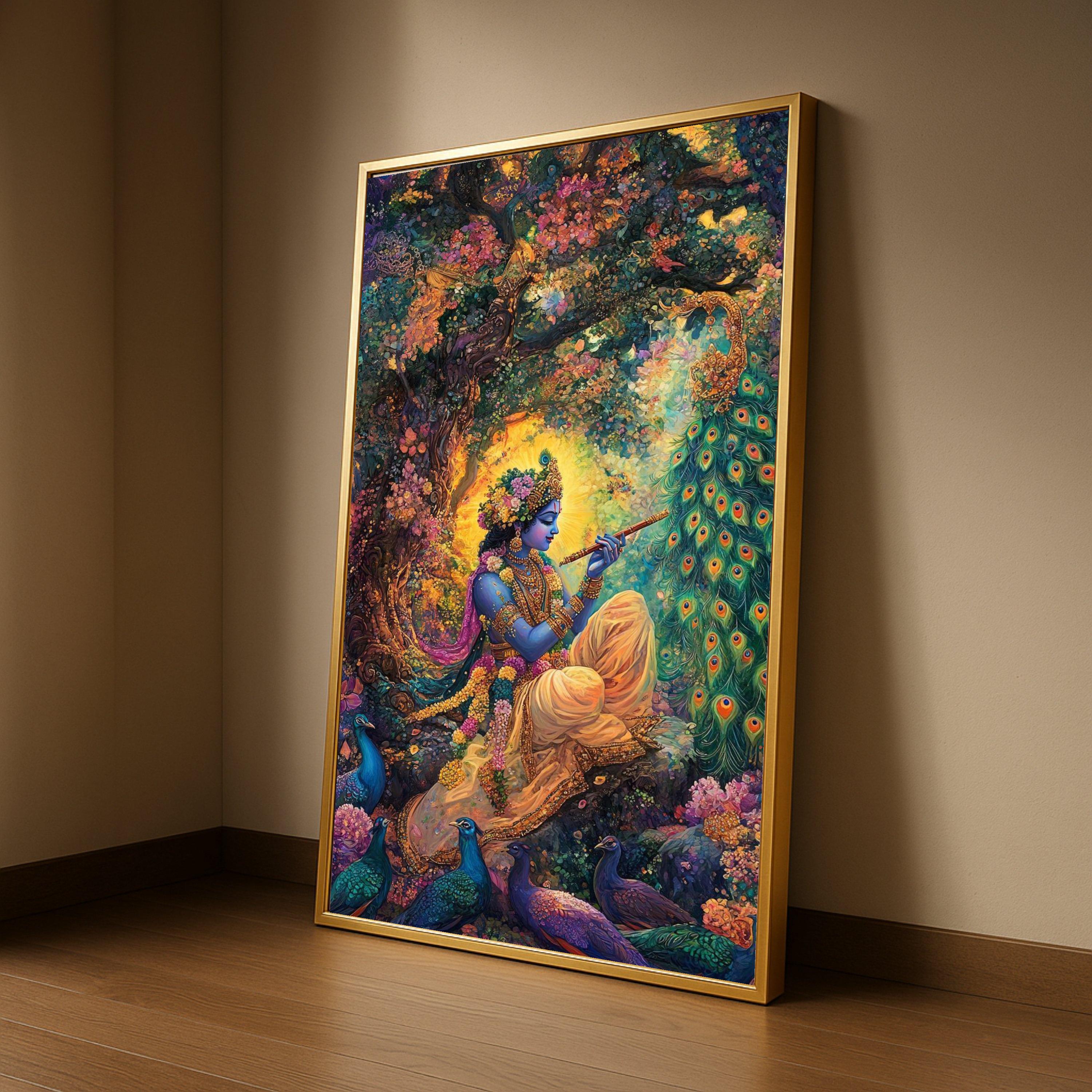 Divine Krishna Playing Flute Canvas, Indian Mythology Wall Art, Vibrant Peacock Nature Painting, Spiritual Home Decor, Sacred Ready To Hang,