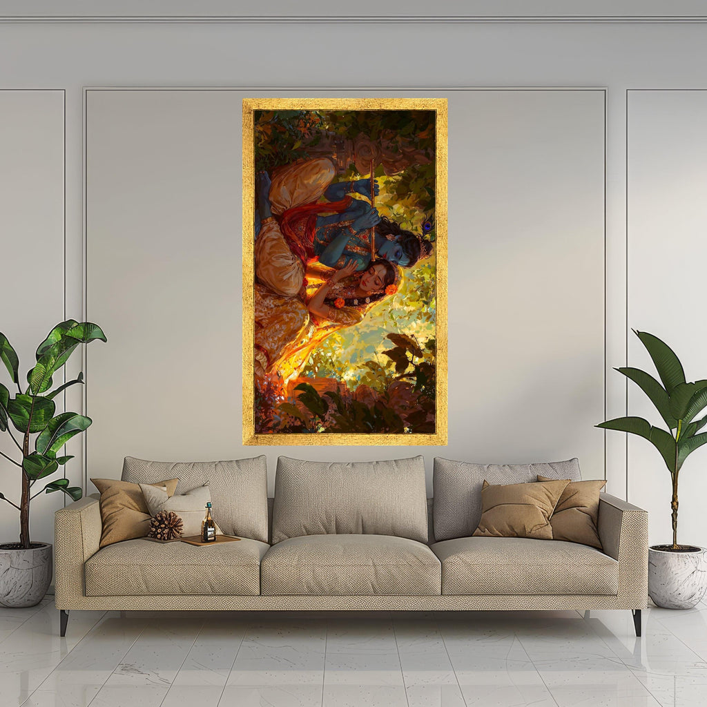 Romantic Krishna and Radha Canvas, Indian Mythology Wall Art, Divine Love Painting, Vibrant Spiritual Canvas, Home Decor Art Ready To Hang,