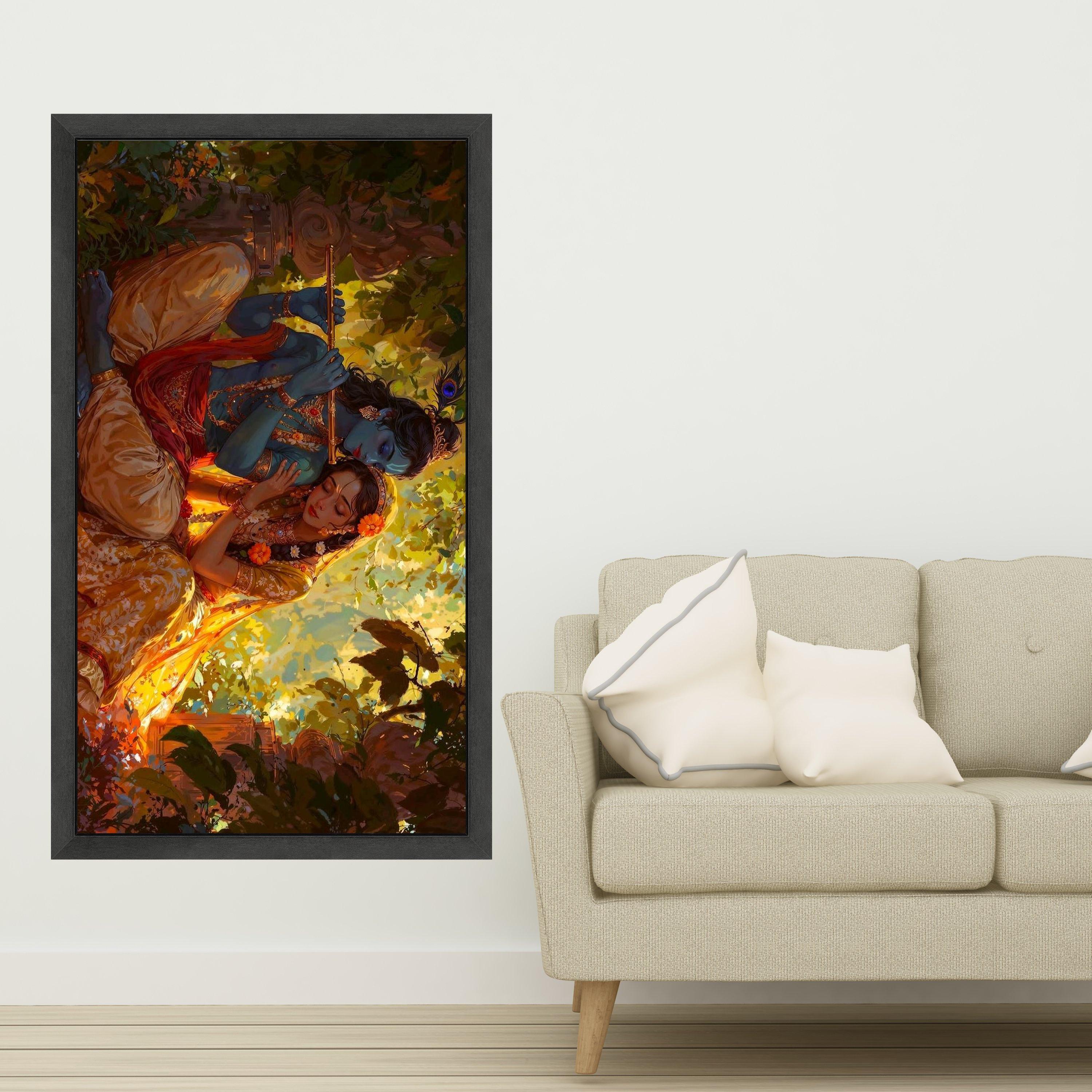 Romantic Krishna and Radha Canvas, Indian Mythology Wall Art, Divine Love Painting, Vibrant Spiritual Canvas, Home Decor Art Ready To Hang,