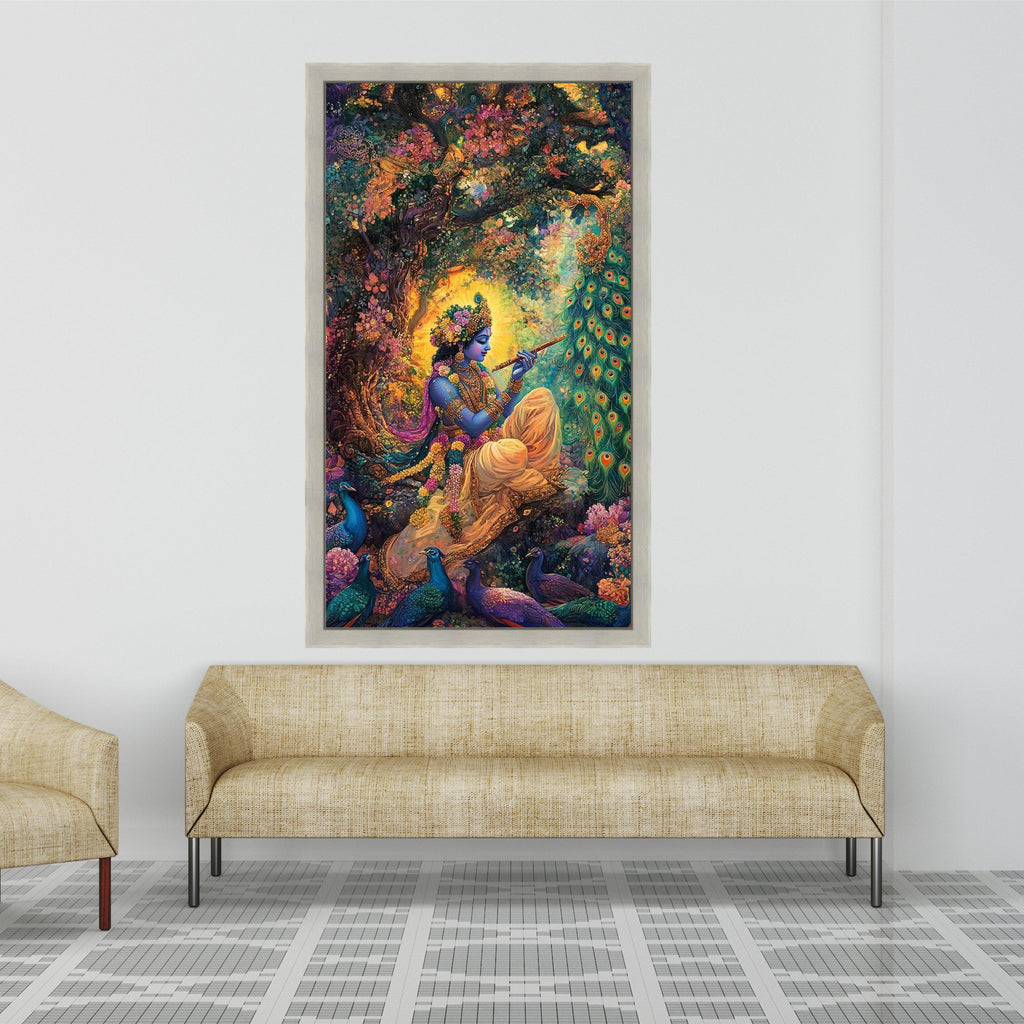 Divine Krishna Playing Flute Canvas, Indian Mythology Wall Art, Vibrant Peacock Nature Painting, Spiritual Home Decor, Sacred Ready To Hang,