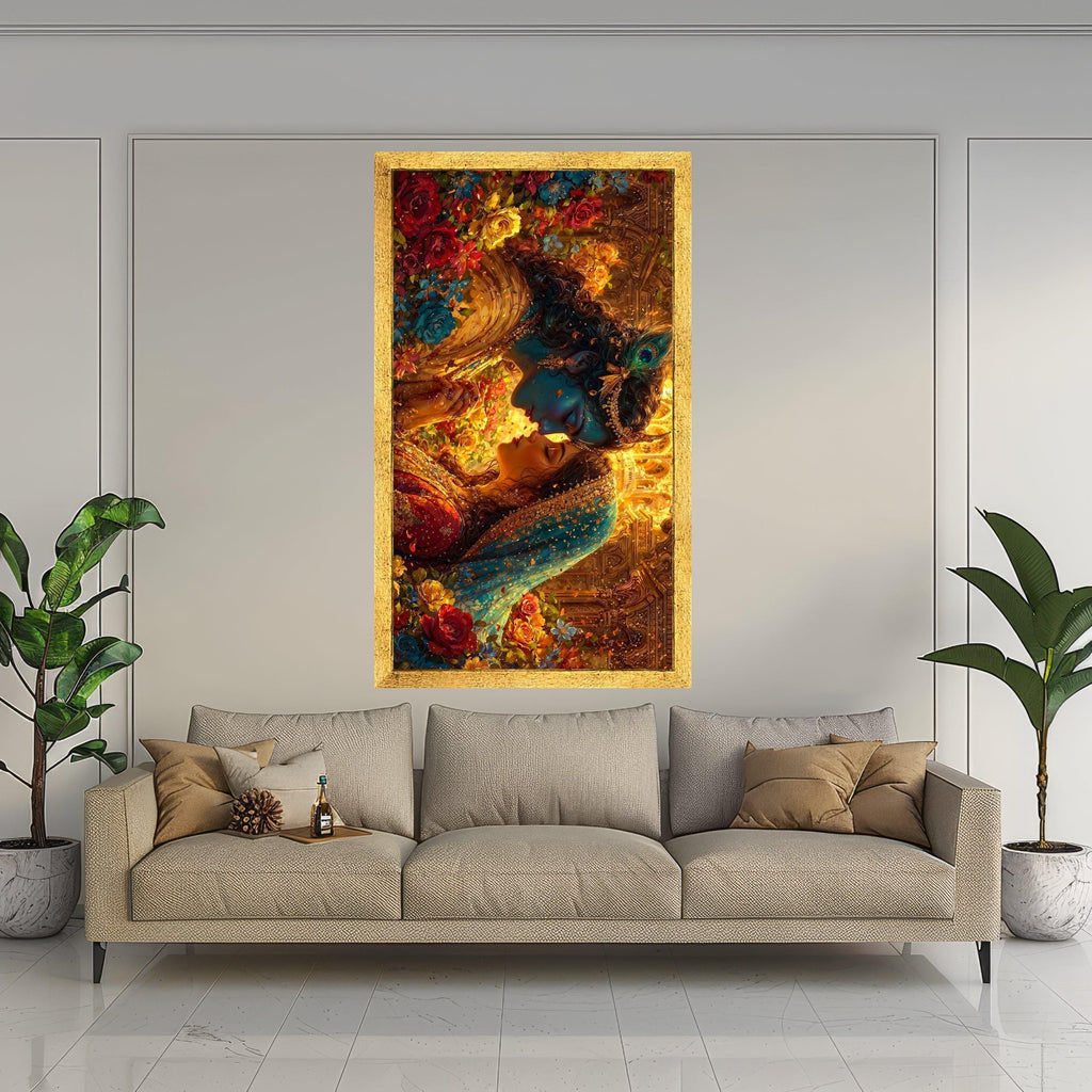 Romantic Krishna Radha Canvas, Mythological Indian Art, Floral Traditional Wall Decor, Divine Love Painting, Vibrant Home Ready To Hang,