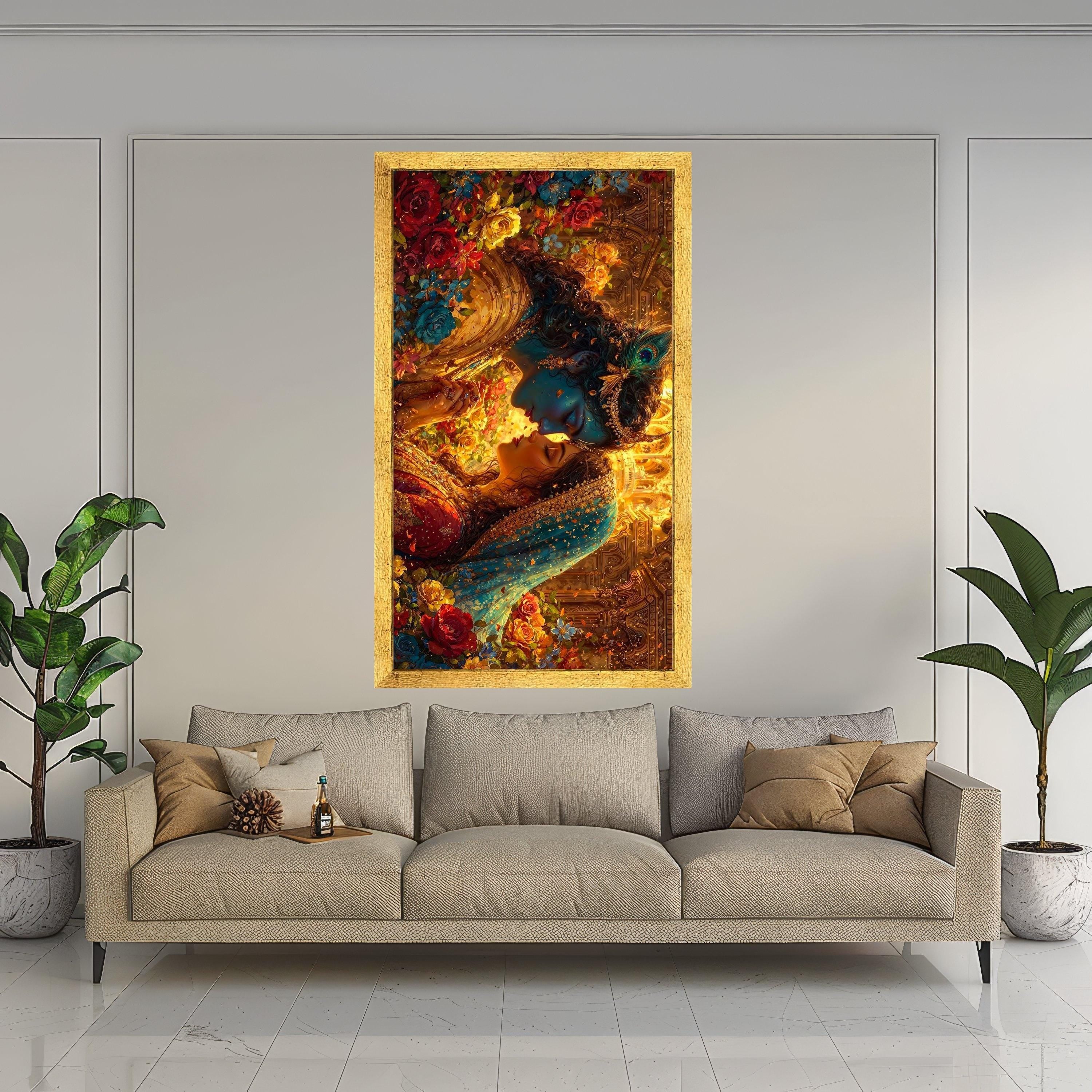 Romantic Krishna Radha Canvas, Mythological Indian Art, Floral Traditional Wall Decor, Divine Love Painting, Vibrant Home Ready To Hang,