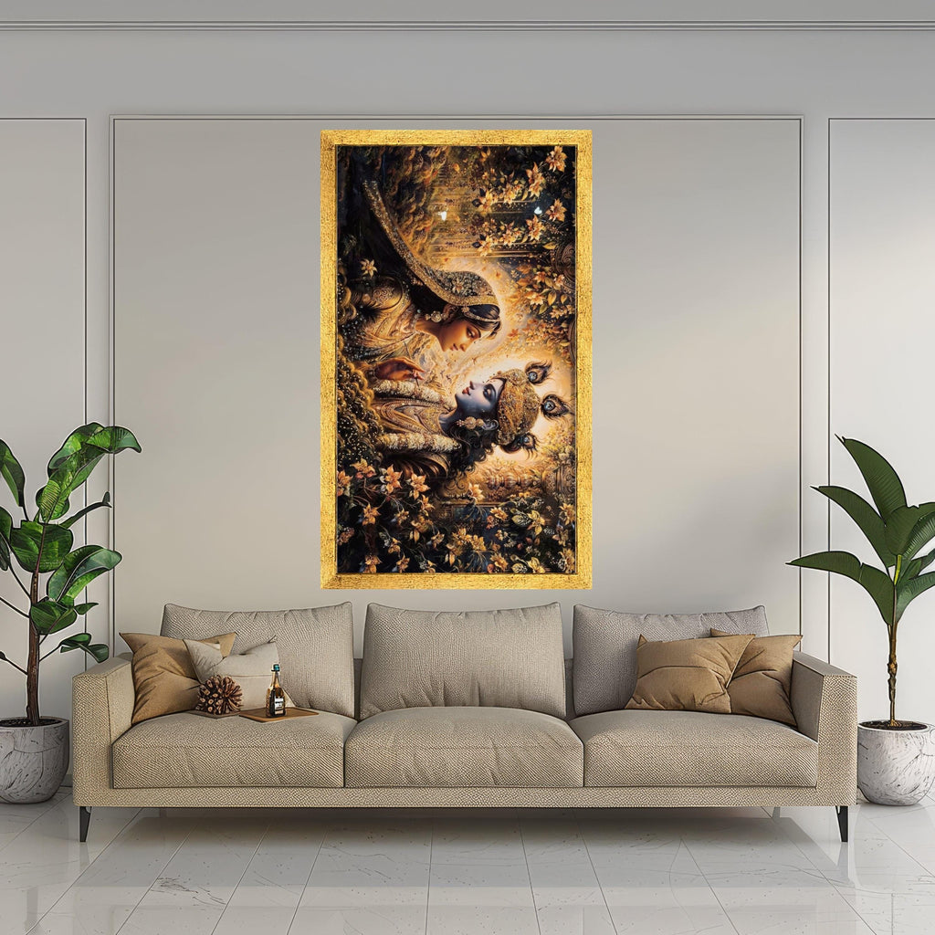 Divine Krishna and Radha Canvas Wall Art, Indian Mythology Painting, Spiritual Home Decor, Gold Floral Design, Elegant Couple Ready To Hang,