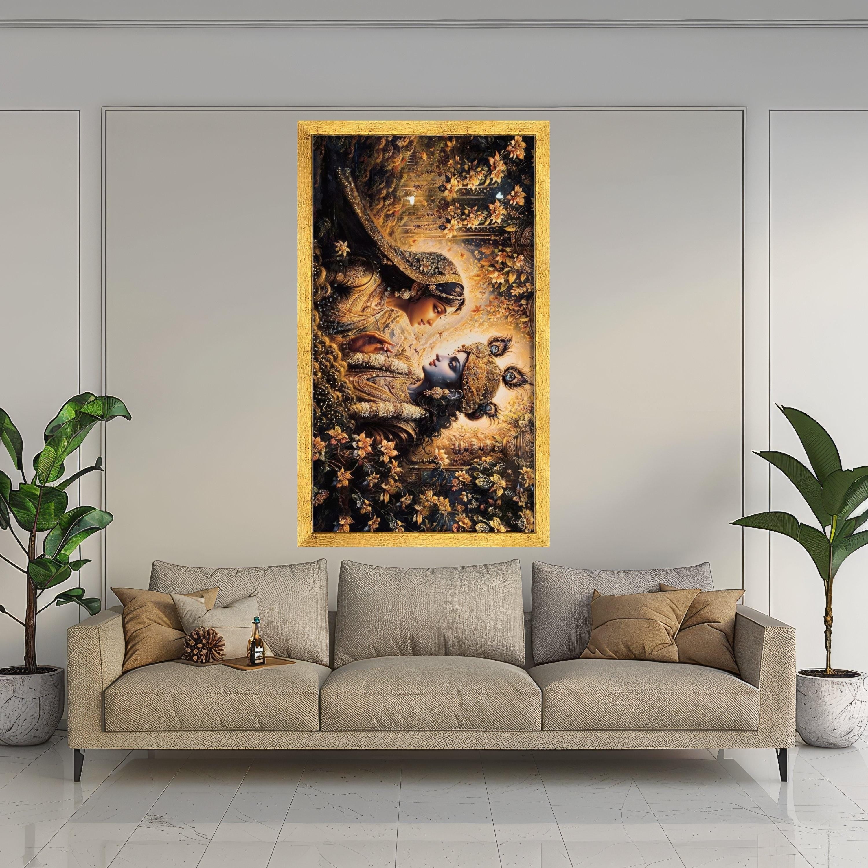 Divine Krishna and Radha Canvas Wall Art, Indian Mythology Painting, Spiritual Home Decor, Gold Floral Design, Elegant Couple Ready To Hang,