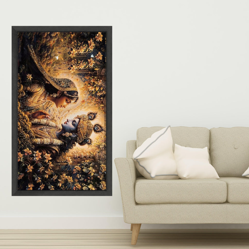 Divine Krishna and Radha Canvas Wall Art, Indian Mythology Painting, Spiritual Home Decor, Gold Floral Design, Elegant Couple Ready To Hang,