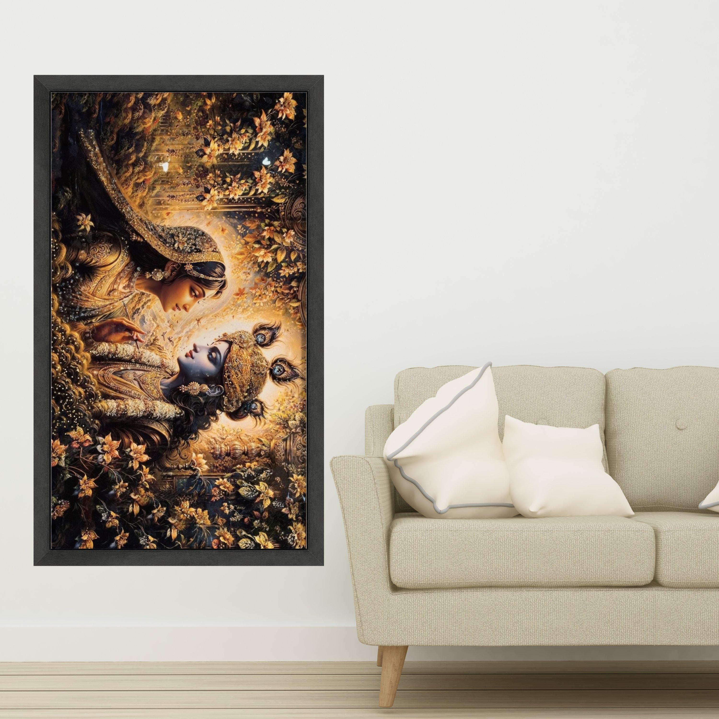 Divine Krishna and Radha Canvas Wall Art, Indian Mythology Painting, Spiritual Home Decor, Gold Floral Design, Elegant Couple Ready To Hang,