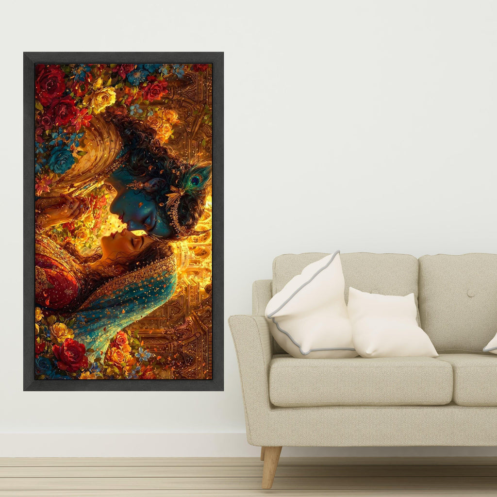 Romantic Krishna Radha Canvas, Mythological Indian Art, Floral Traditional Wall Decor, Divine Love Painting, Vibrant Home Ready To Hang,