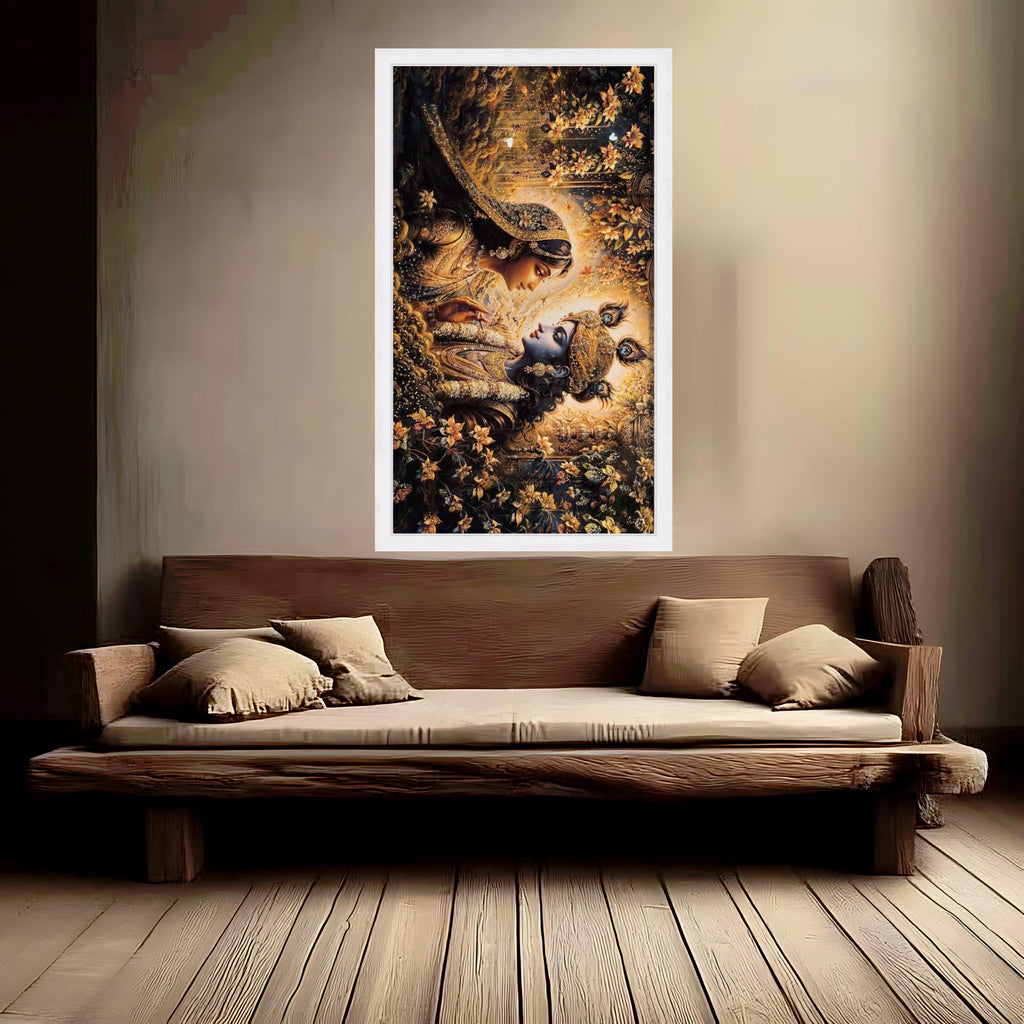 Divine Krishna and Radha Canvas Wall Art, Indian Mythology Painting, Spiritual Home Decor, Gold Floral Design, Elegant Couple Ready To Hang,