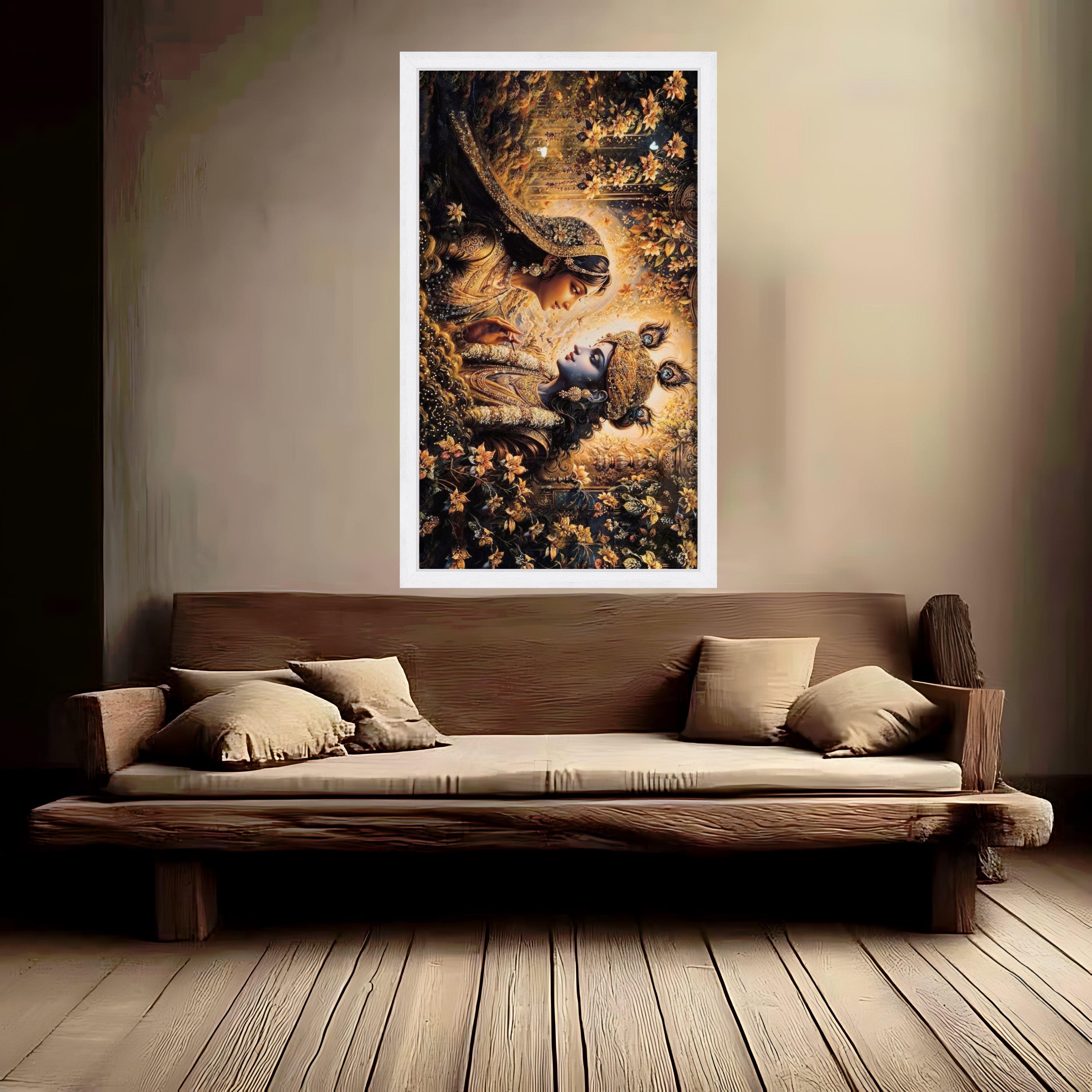 Divine Krishna and Radha Canvas Wall Art, Indian Mythology Painting, Spiritual Home Decor, Gold Floral Design, Elegant Couple Ready To Hang,
