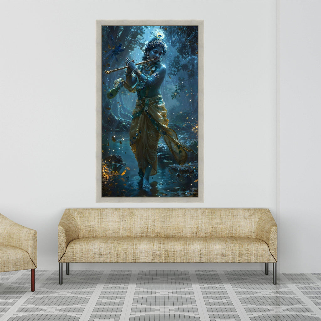 Divine Krishna Playing Flute, Mystical Forest Scene Canvas, Indian Spiritual Wall Art, Sacred Blue God Canvas, Ready to Hang Ready To Hang,