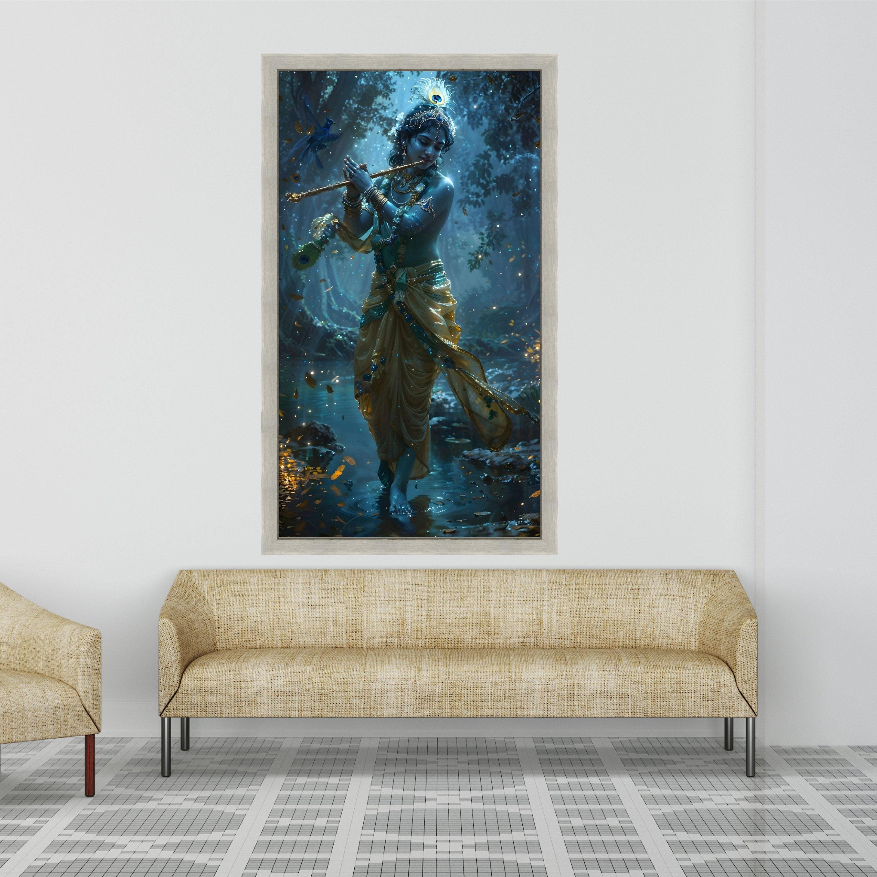 Divine Krishna Playing Flute, Mystical Forest Scene Canvas, Indian Spiritual Wall Art, Sacred Blue God Canvas, Ready to Hang Ready To Hang,