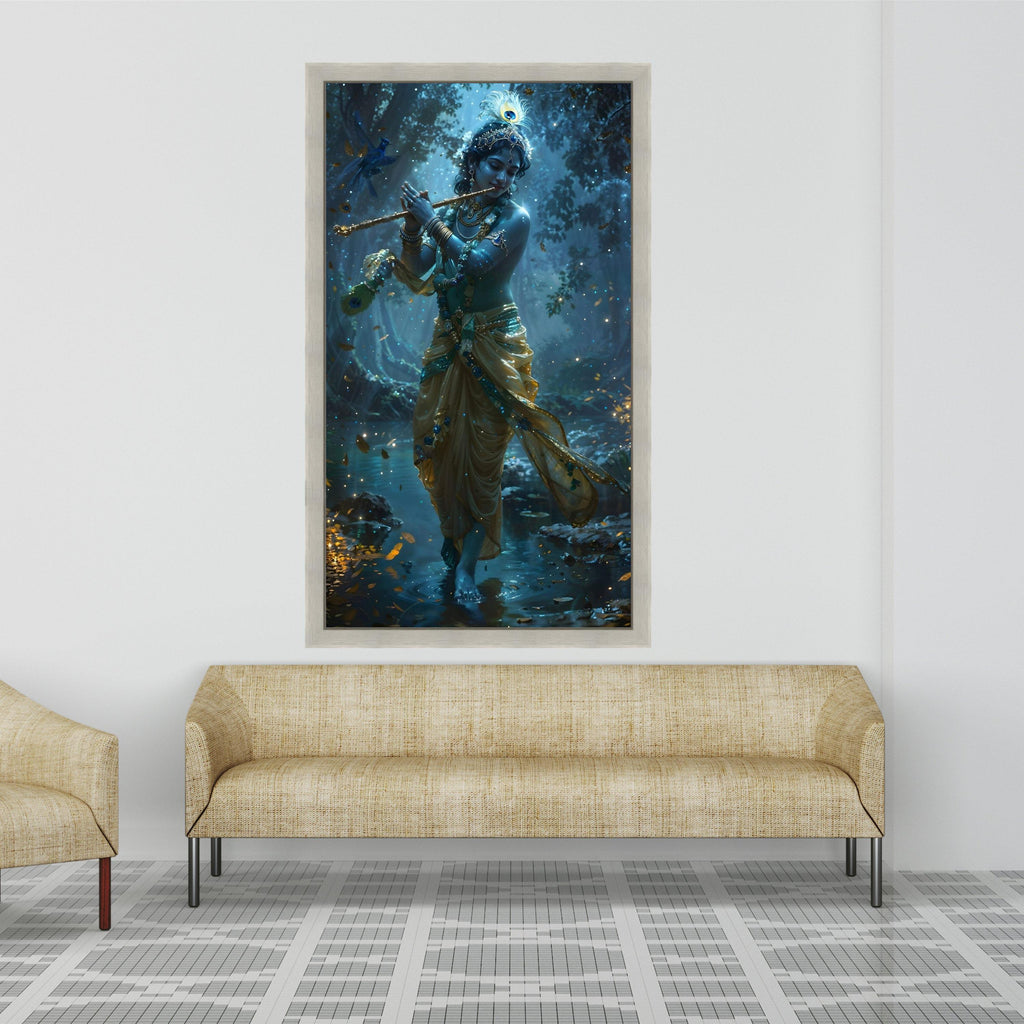 Divine Krishna Playing Flute, Mystical Forest Scene Canvas, Indian Spiritual Wall Art, Sacred Blue God Canvas, Ready to Hang Ready To Hang,