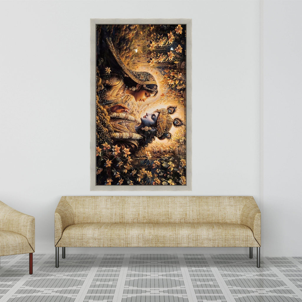 Divine Krishna and Radha Canvas Wall Art, Indian Mythology Painting, Spiritual Home Decor, Gold Floral Design, Elegant Couple Ready To Hang,