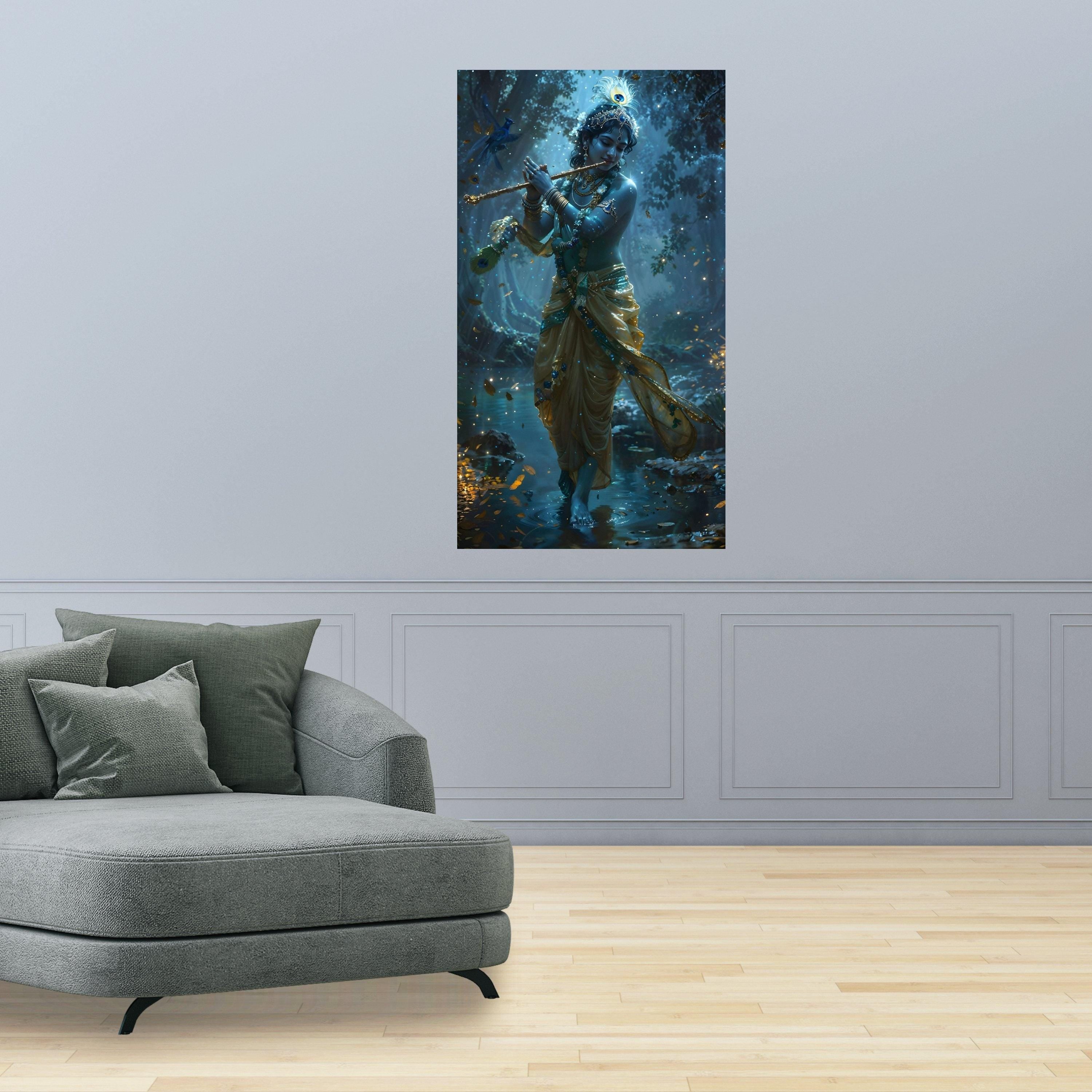 Divine Krishna Playing Flute, Mystical Forest Scene Canvas, Indian Spiritual Wall Art, Sacred Blue God Canvas, Ready to Hang Ready To Hang,