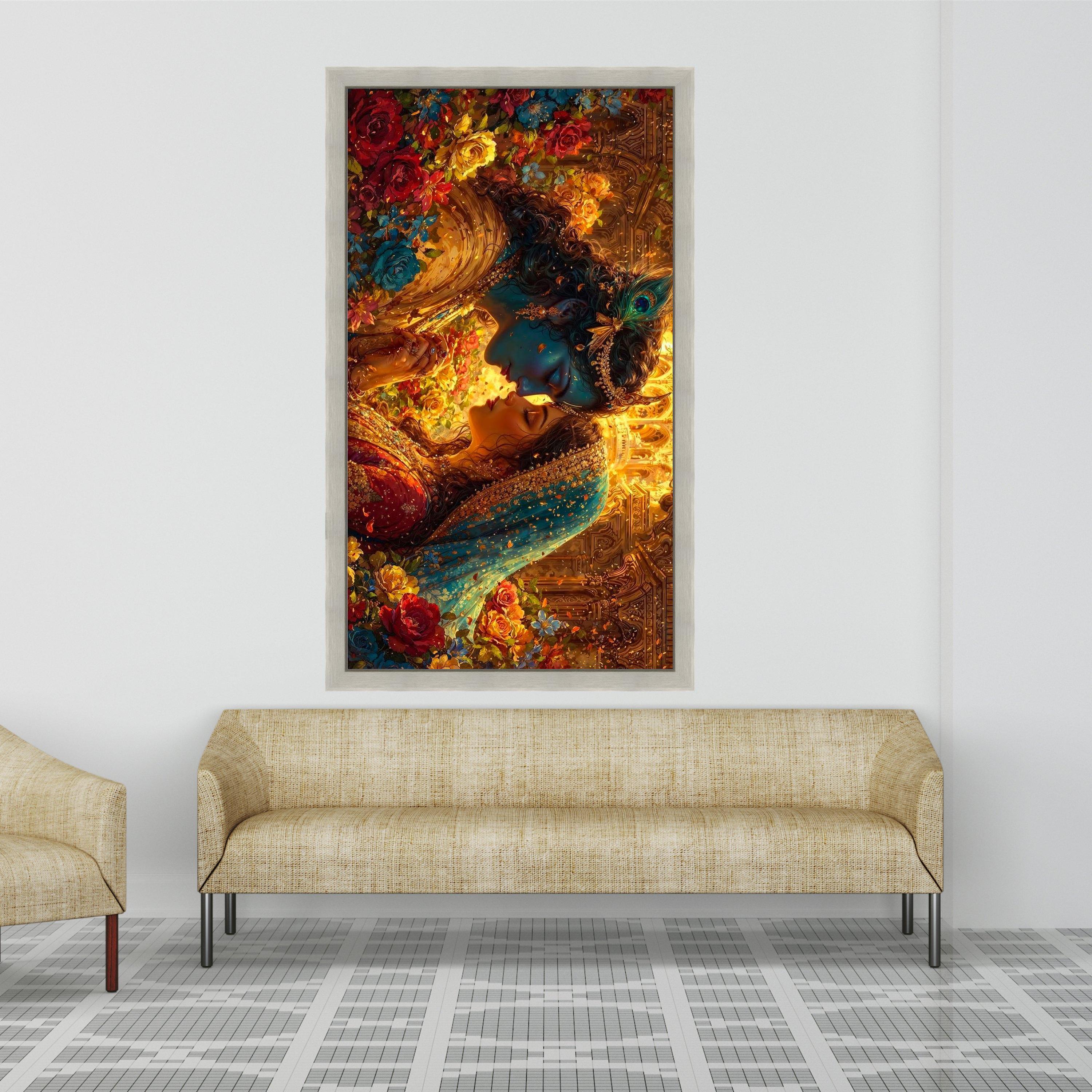Romantic Krishna Radha Canvas, Mythological Indian Art, Floral Traditional Wall Decor, Divine Love Painting, Vibrant Home Ready To Hang,