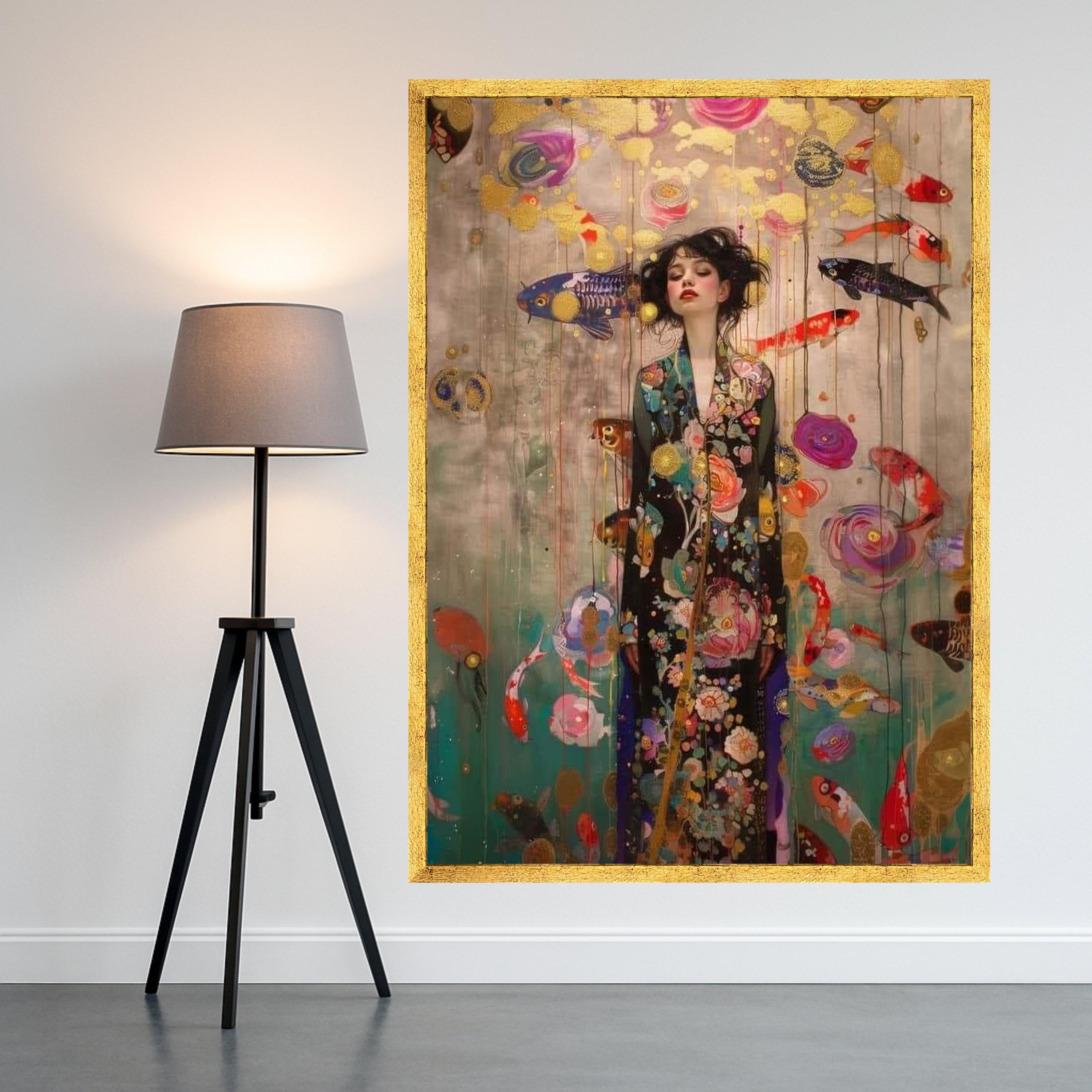 Dreamy Koi Fish and Floral Kimono Woman Canvas, Asian Inspired Wall Art, Ethereal Portrait Painting, Contemporary Home Decor, Ready To Hang,