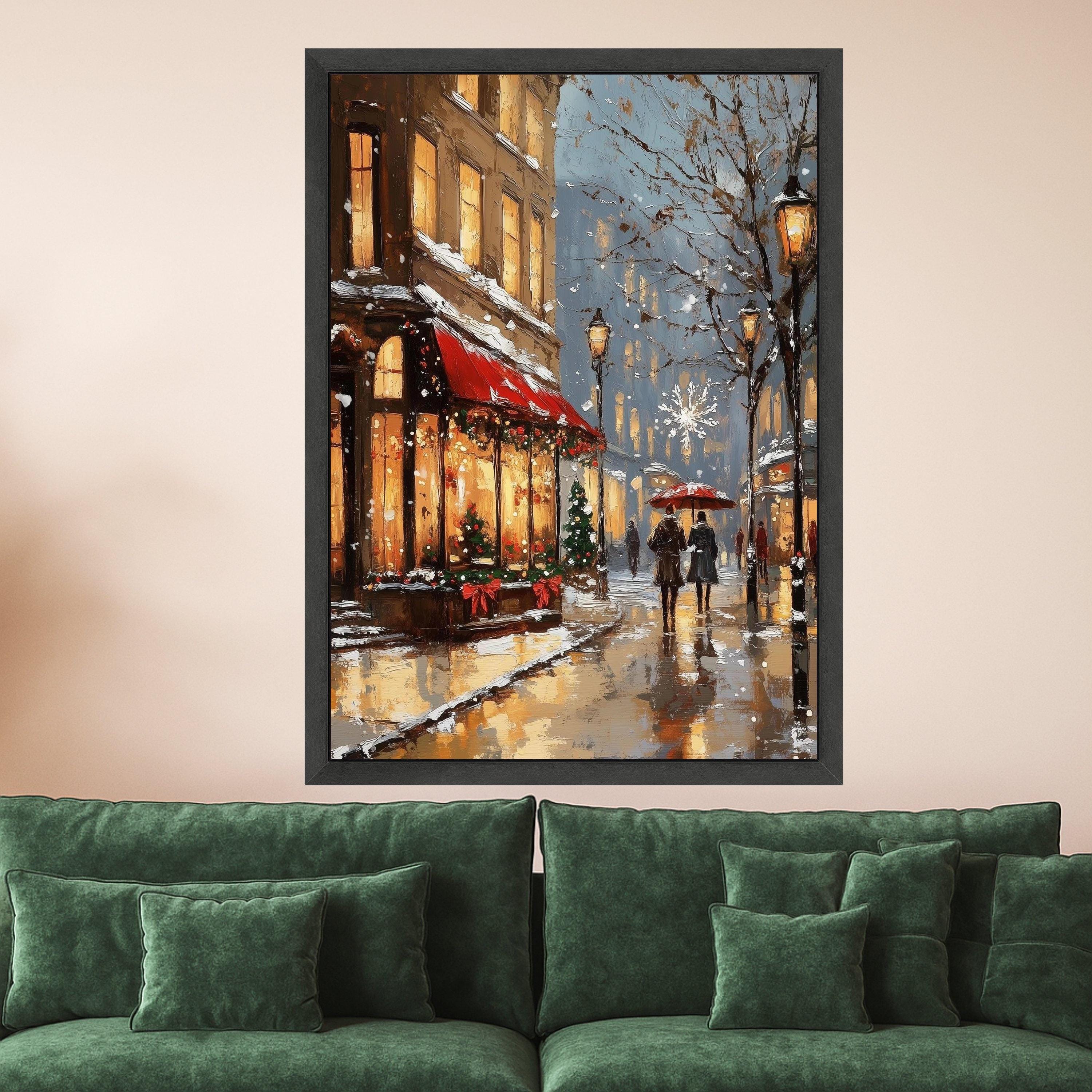 Cozy Winter Street Scene Canvas, Holiday Evening Snowfall Wall Art, Christmas Decor, Romantic Cityscape Painting, Cozy Home Ready To Hang,