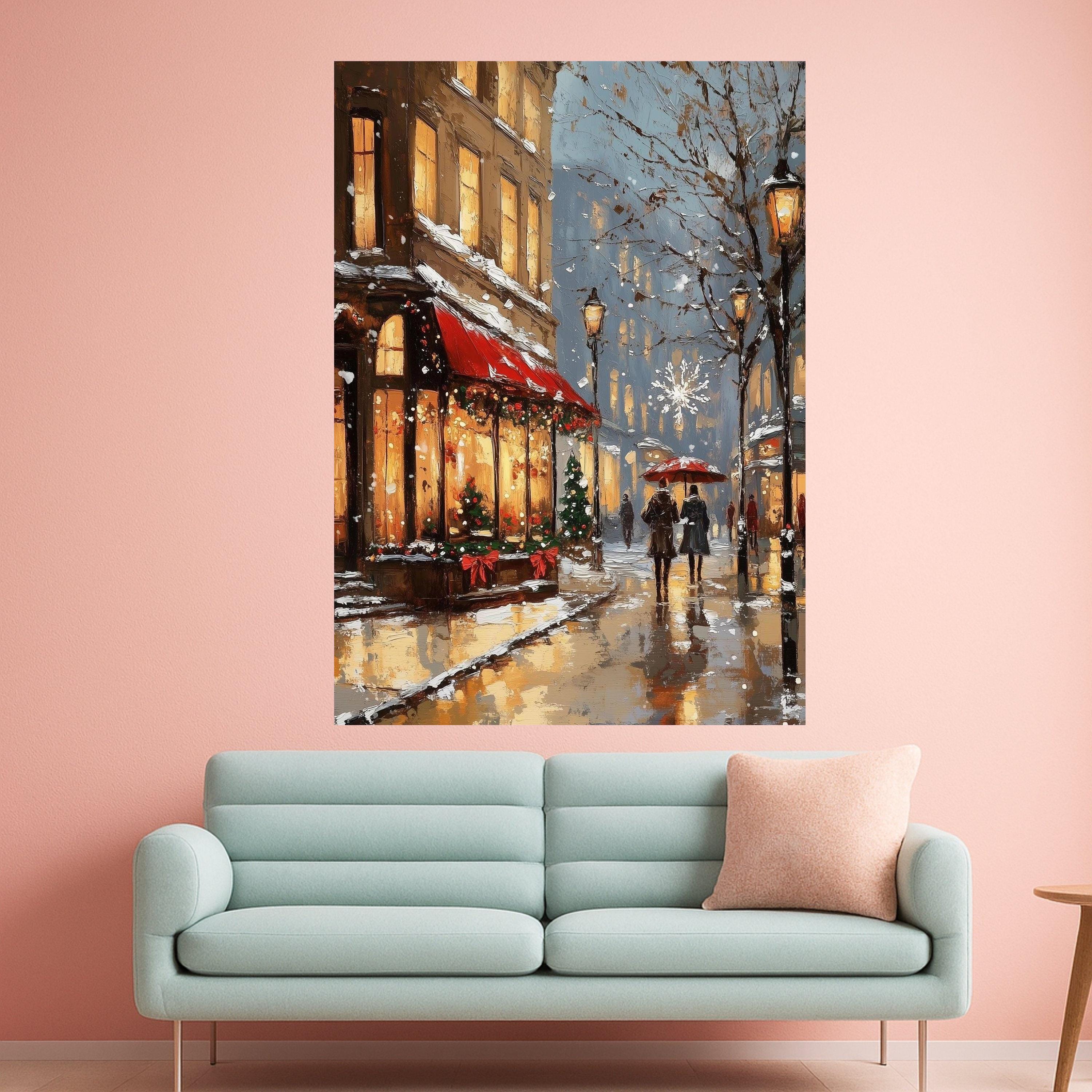 Cozy Winter Street Scene Canvas, Holiday Evening Snowfall Wall Art, Christmas Decor, Romantic Cityscape Painting, Cozy Home Ready To Hang,