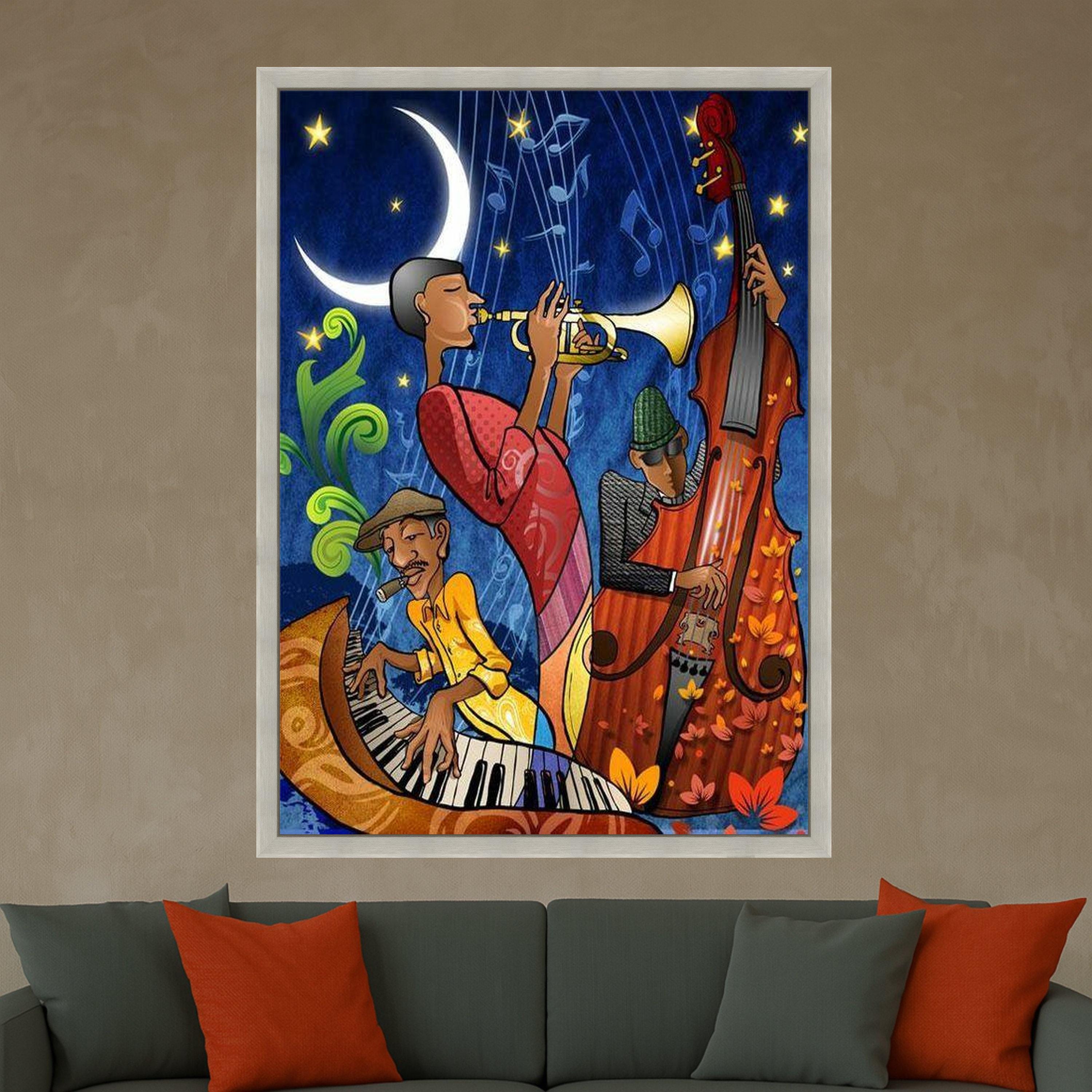 Colorful Jazz Night Canvas, Abstract Jazz Band Wall Art, Musician Illustration Canvas, Vibrant Musical Instruments Decor, Ready To Hang,