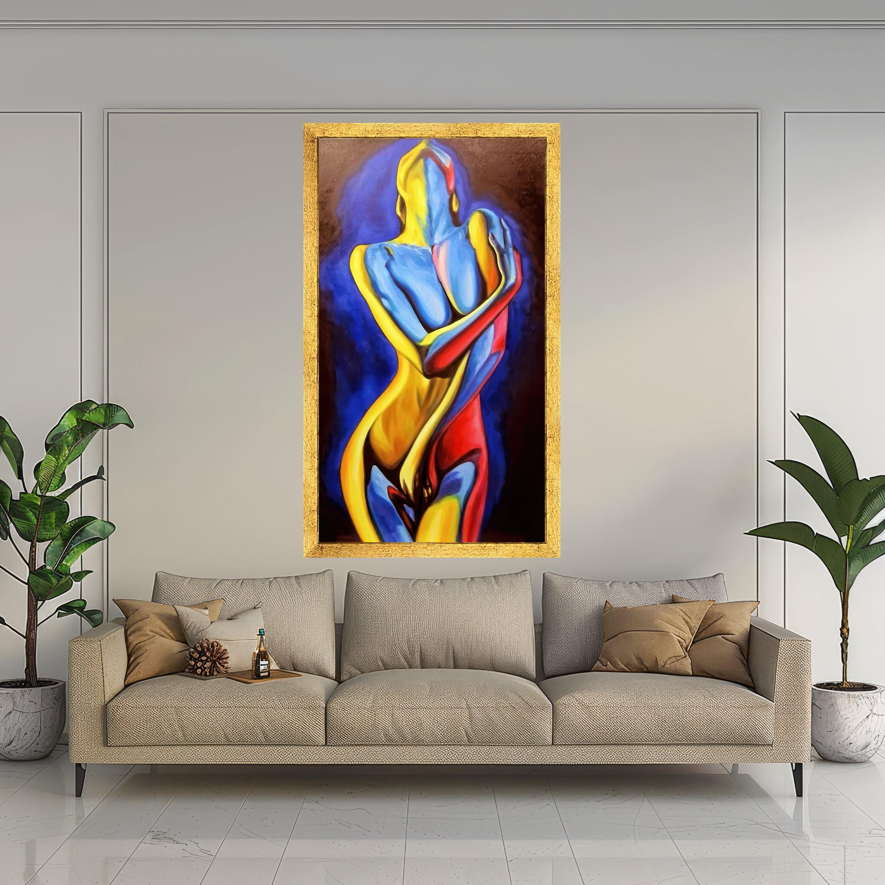 Abstract Embrace Canvas, Colorful Nude Figure Art, Modern Figurative Painting, Contemporary Wall Decor, Erotic Home Ready To Hang,