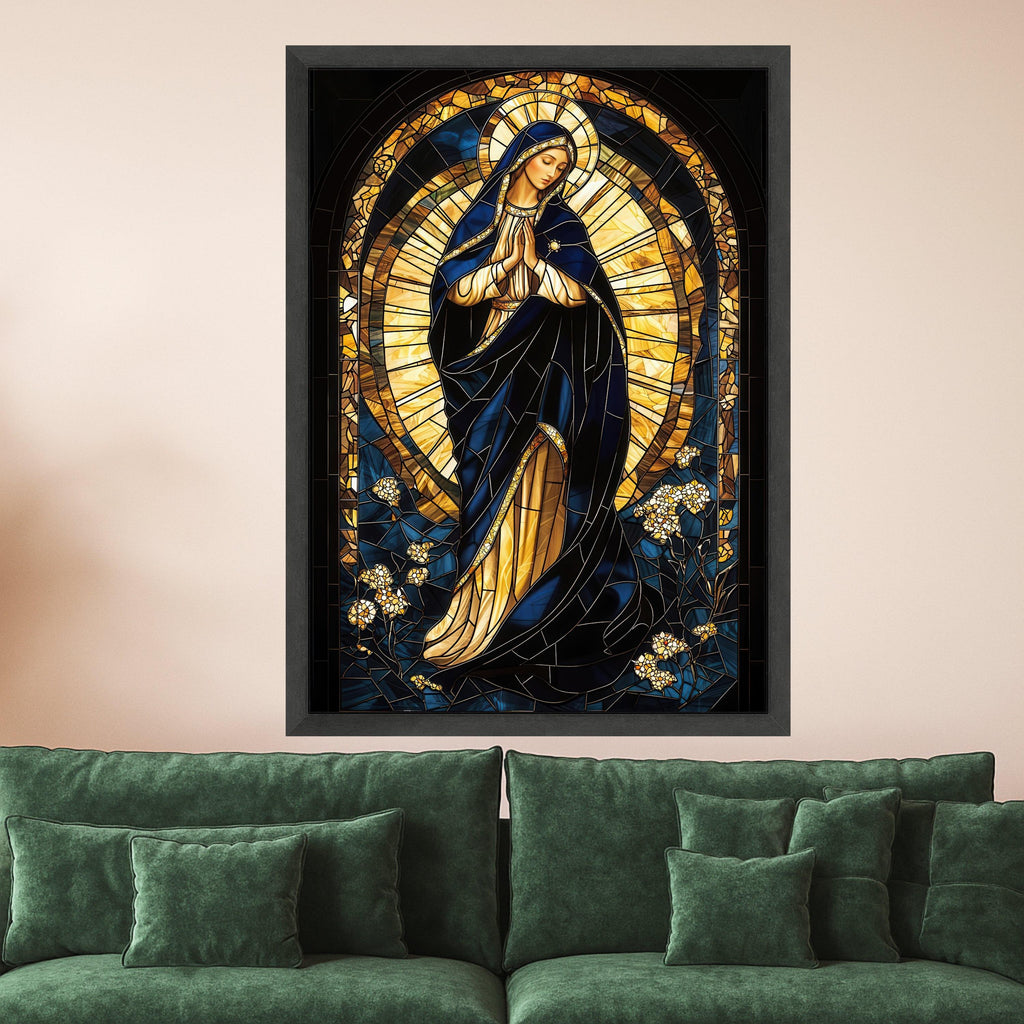 Praying Virgin Mary Stained Glass Canvas, Religious Wall Art, Spiritual Catholic Canvas, Holy Mother Canvas Decor, Ready To Hang,