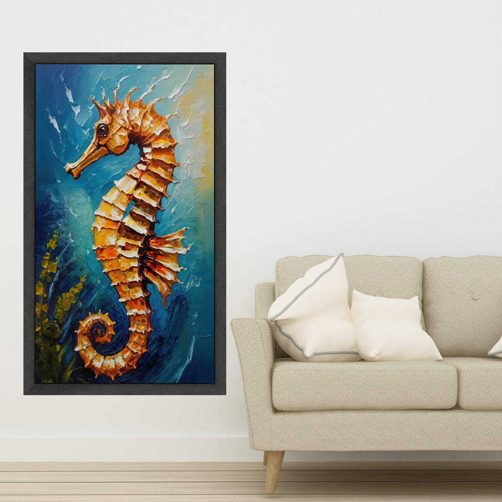 Vibrant Seahorse Canvas Wall Art, Ocean Life Painting, Coastal Home Decor, Marine Animal Artwork, Blue Sea Background, Ready To Hang,