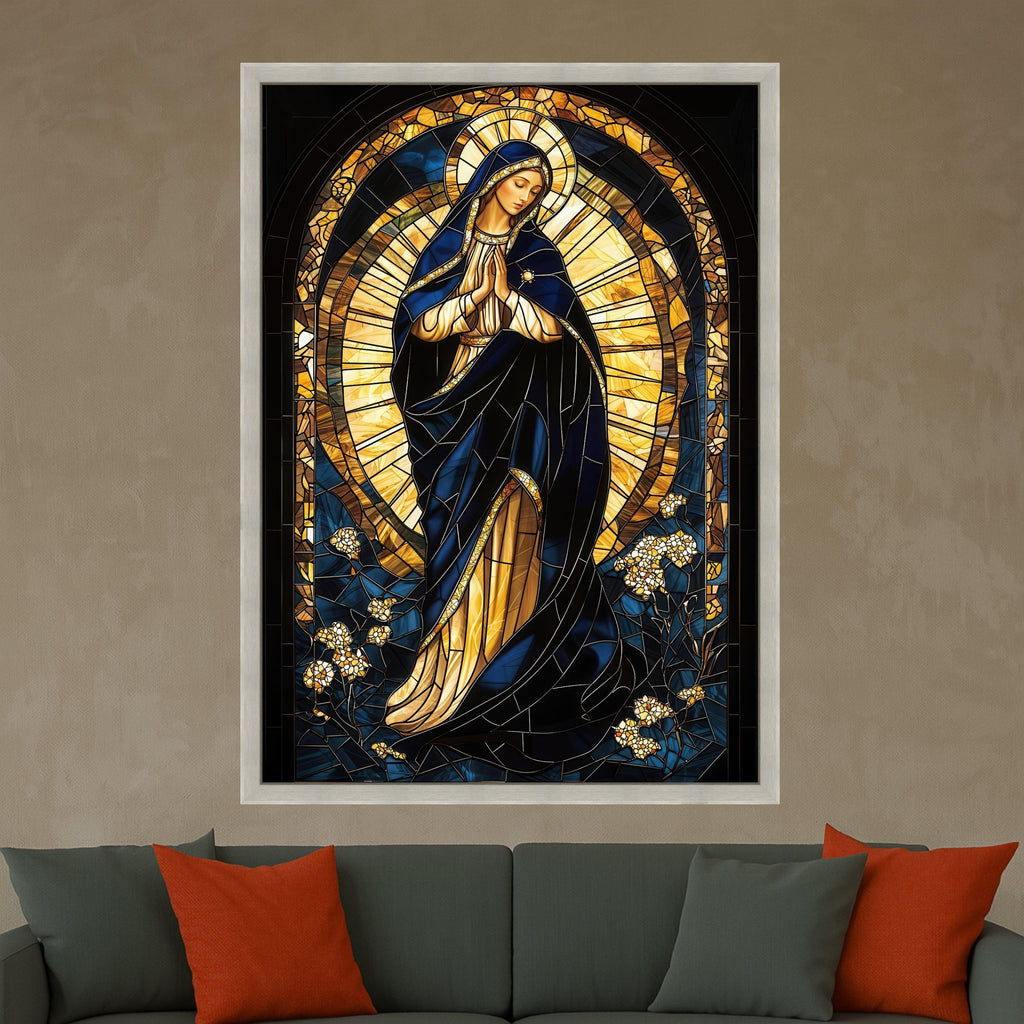 Praying Virgin Mary Stained Glass Canvas, Religious Wall Art, Spiritual Catholic Canvas, Holy Mother Canvas Decor, Ready To Hang,