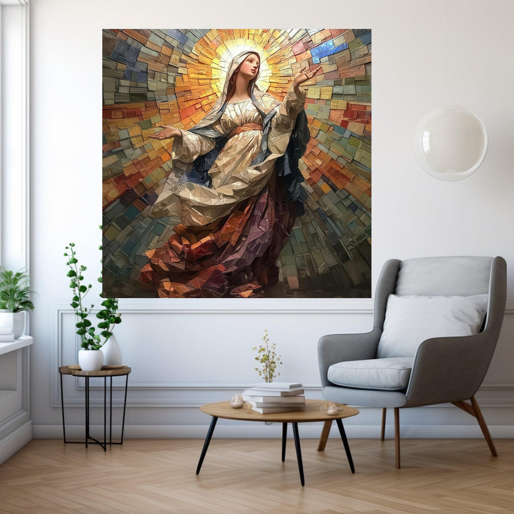 Mosaic Virgin Mary Canvas Wall Art, Religious Christian Decor, Spiritual Canvas Painting, Inspirational Wall Hanging, Sacred Ready To Hang,