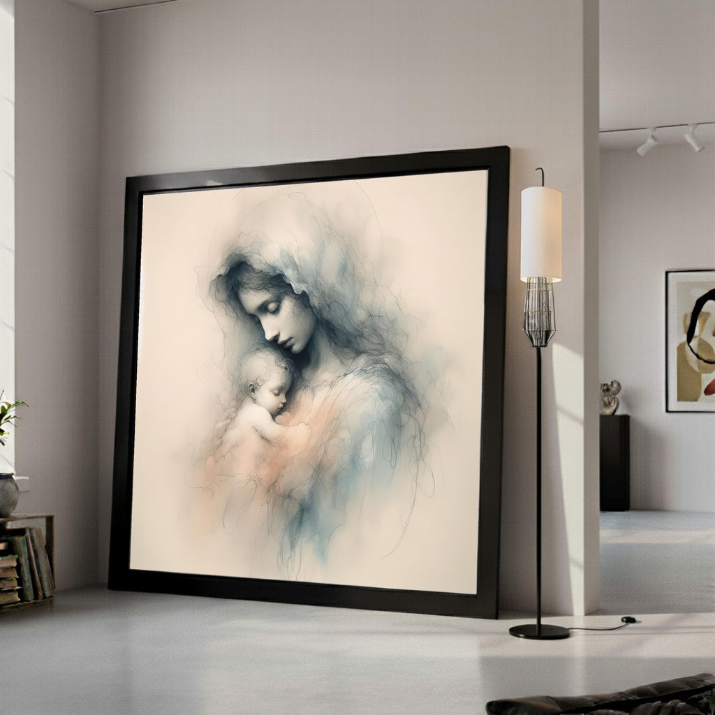 Tender Mother and Child Embrace, Soft Sketch Canvas, Spiritual Wall Art, Maternal Love Painting, Nursery Decoration, Fine Art Ready To Hang,