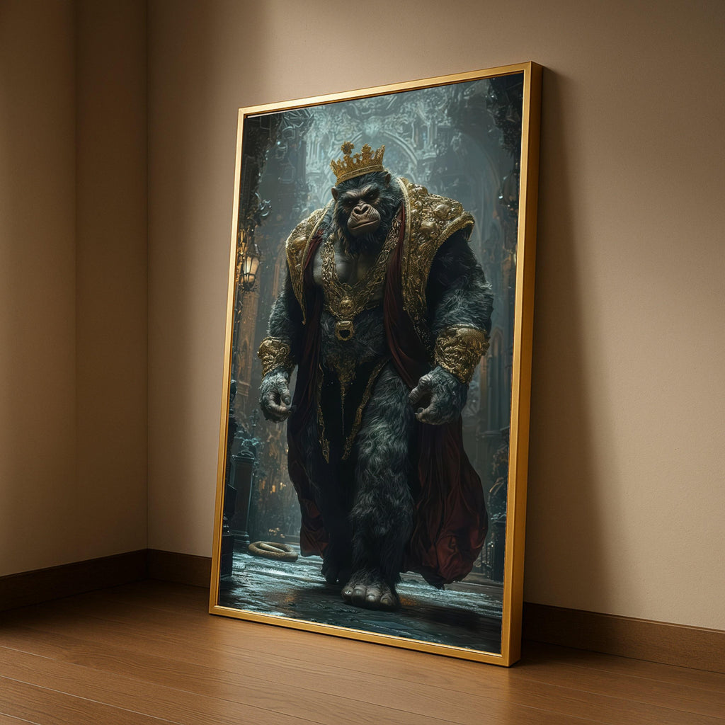 Regal Gorilla King Canvas, Majestic Animal Wall Art, Golden Crown and Robe, Fantasy Artwork, Decorative Canvas for Home Ready To Hang,