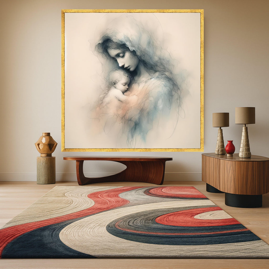 Tender Mother and Child Embrace, Soft Sketch Canvas, Spiritual Wall Art, Maternal Love Painting, Nursery Decoration, Fine Art Ready To Hang,