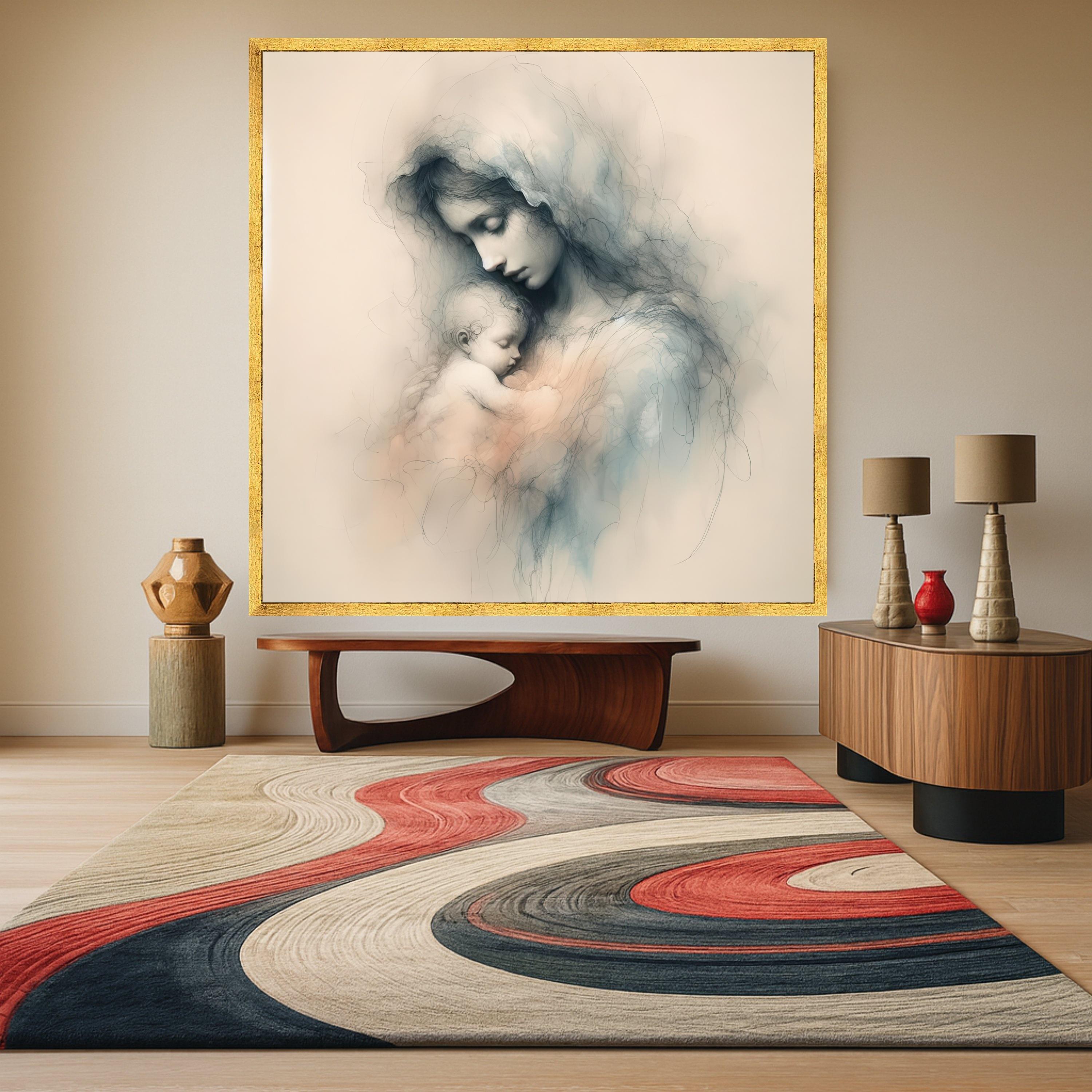 Tender Mother and Child Embrace, Soft Sketch Canvas, Spiritual Wall Art, Maternal Love Painting, Nursery Decoration, Fine Art Ready To Hang,