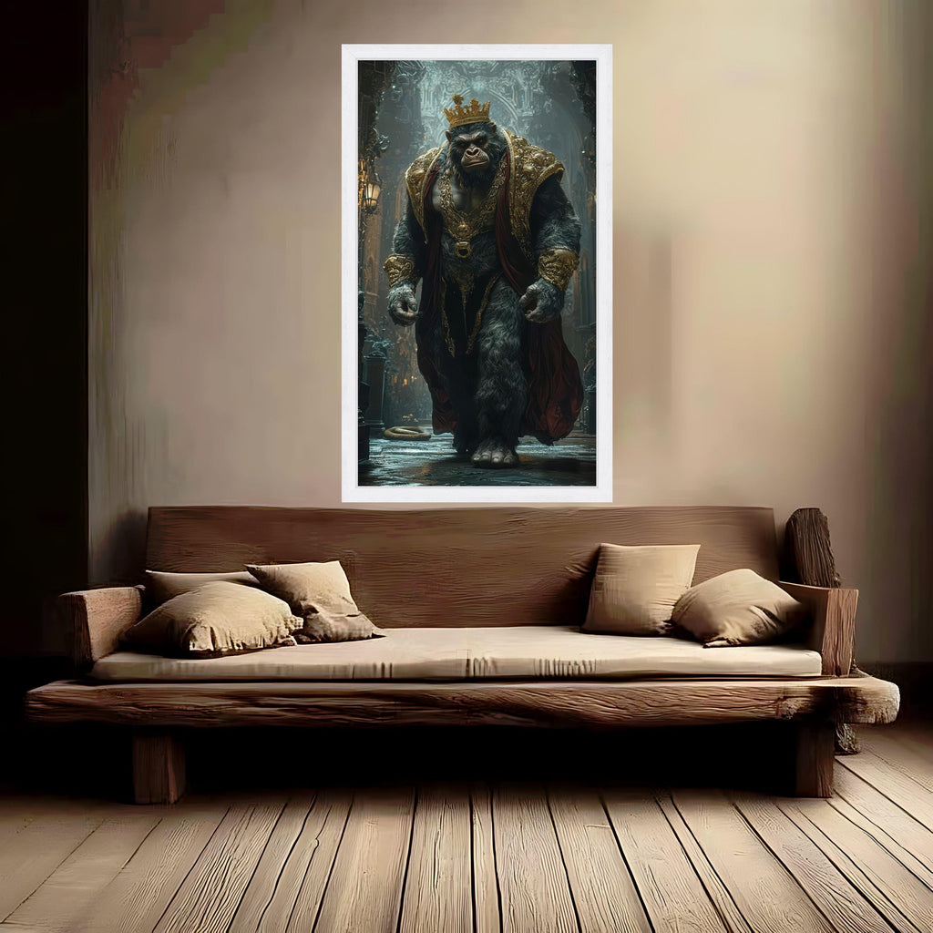 Regal Gorilla King Canvas, Majestic Animal Wall Art, Golden Crown and Robe, Fantasy Artwork, Decorative Canvas for Home Ready To Hang,