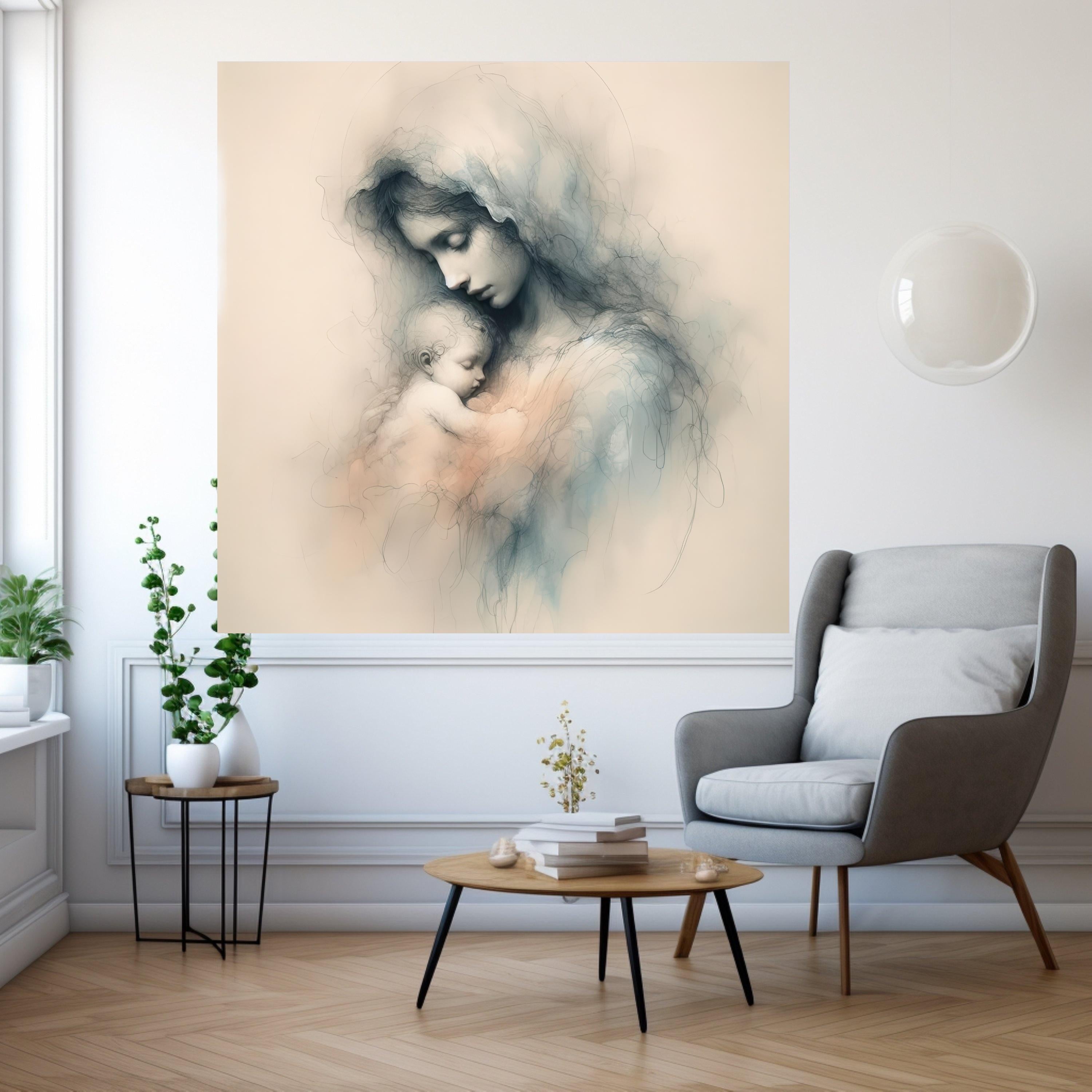Tender Mother and Child Embrace, Soft Sketch Canvas, Spiritual Wall Art, Maternal Love Painting, Nursery Decoration, Fine Art Ready To Hang,