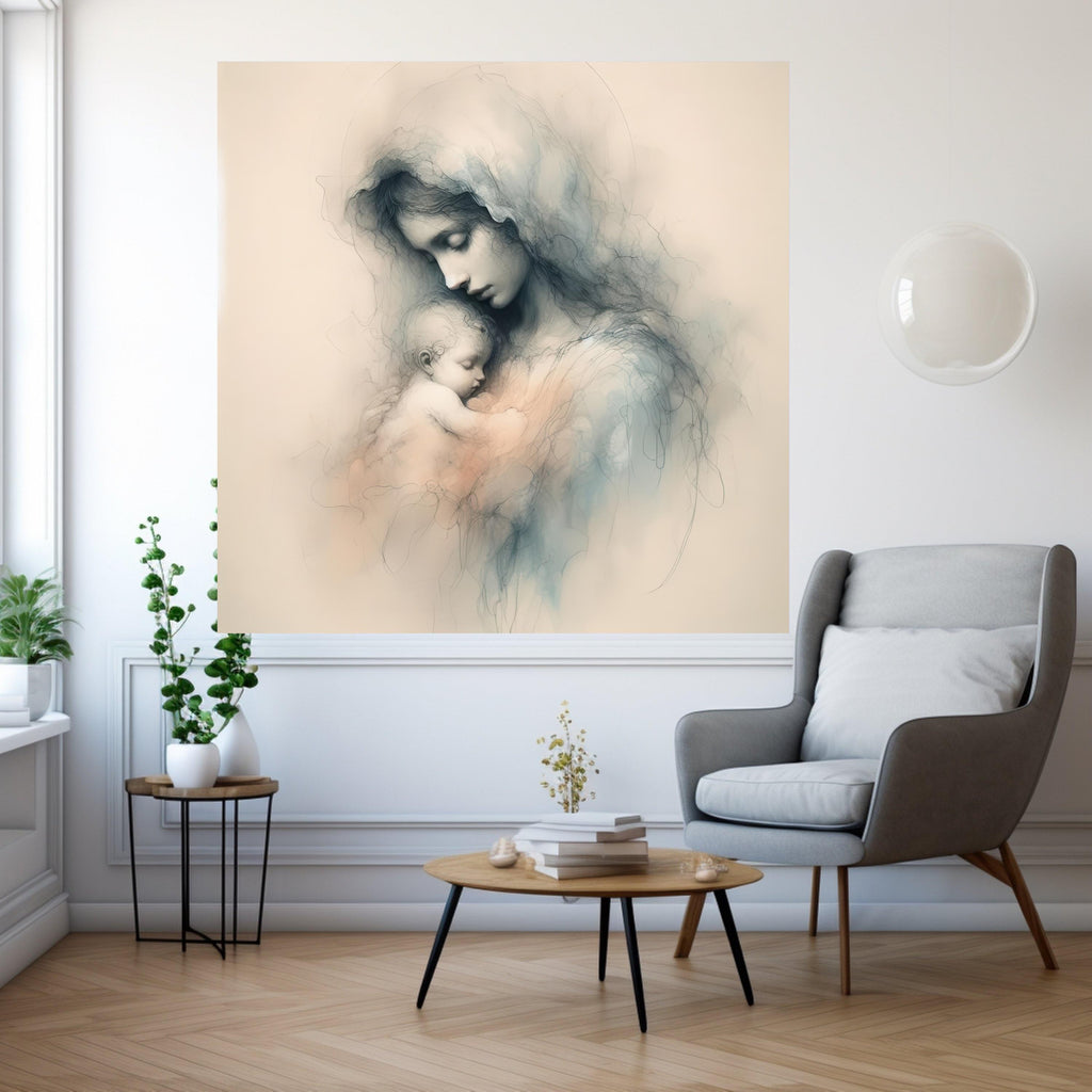 Tender Mother and Child Embrace, Soft Sketch Canvas, Spiritual Wall Art, Maternal Love Painting, Nursery Decoration, Fine Art Ready To Hang,