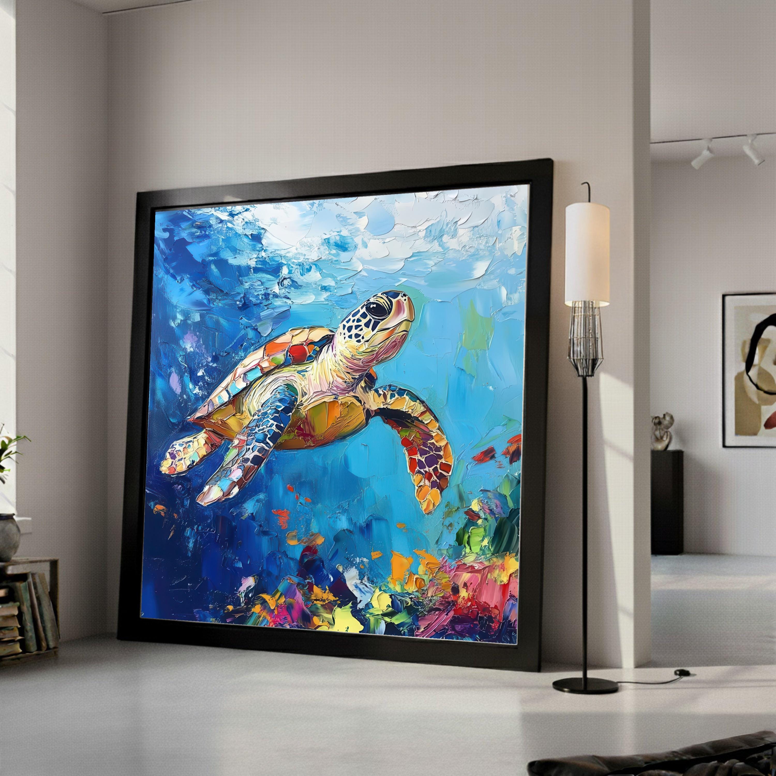 Colorful Sea Turtle Canvas Wall Art, Ocean Wildlife Painting, Abstract Marine Decor, Vibrant Underwater Scene, Nautical Home Ready To Hang,