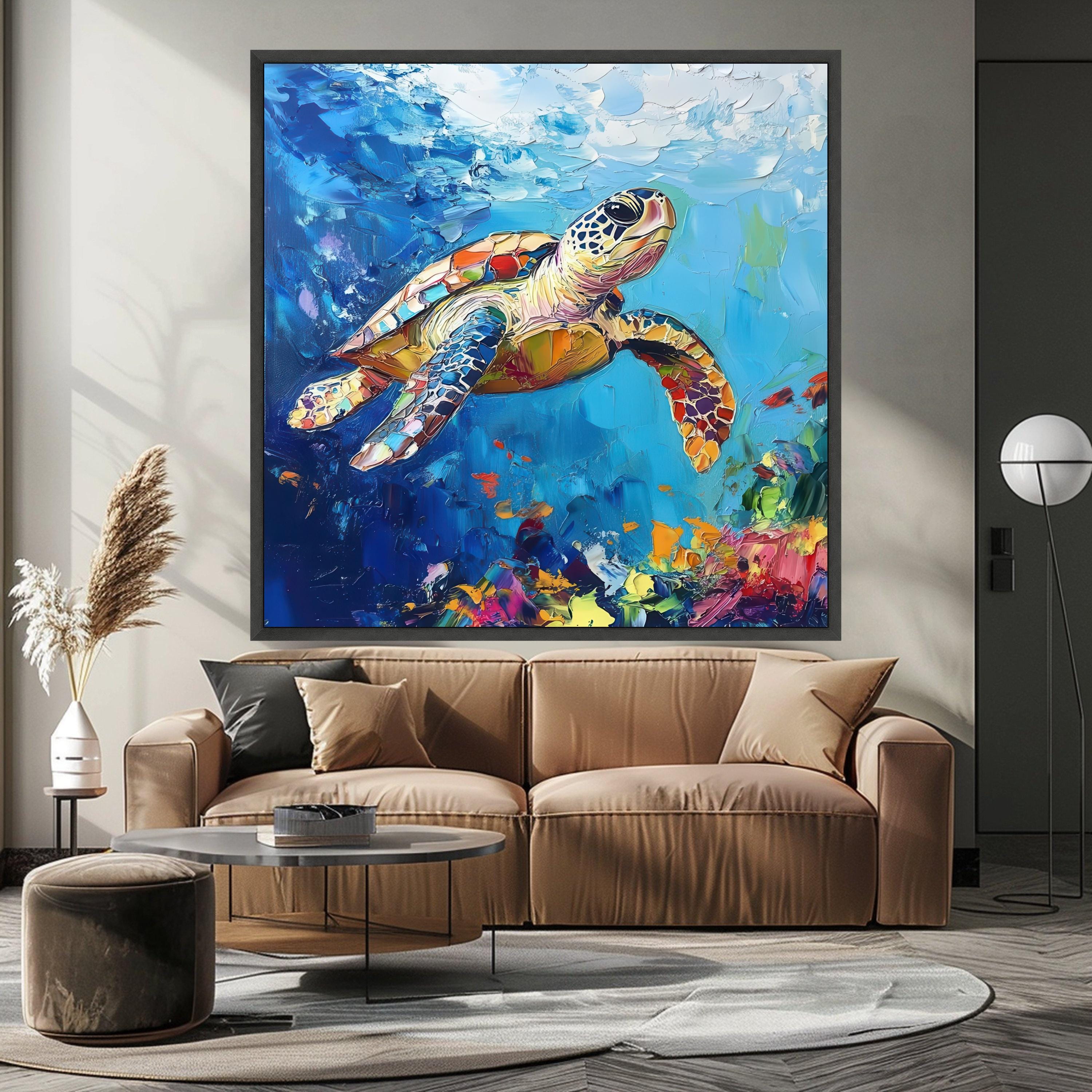 Colorful Sea Turtle Canvas Wall Art, Ocean Wildlife Painting, Abstract Marine Decor, Vibrant Underwater Scene, Nautical Home Ready To Hang,