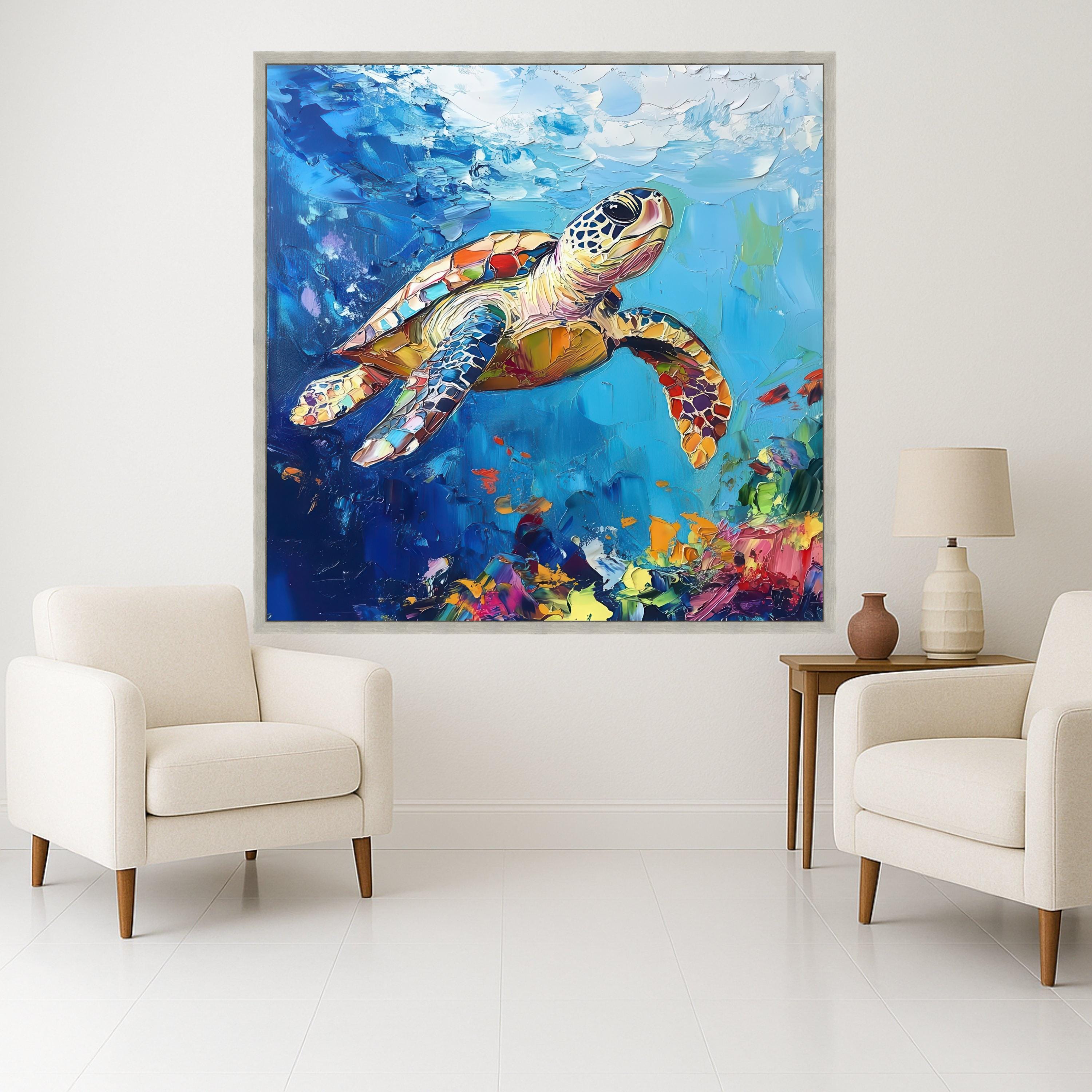 Colorful Sea Turtle Canvas Wall Art, Ocean Wildlife Painting, Abstract Marine Decor, Vibrant Underwater Scene, Nautical Home Ready To Hang,