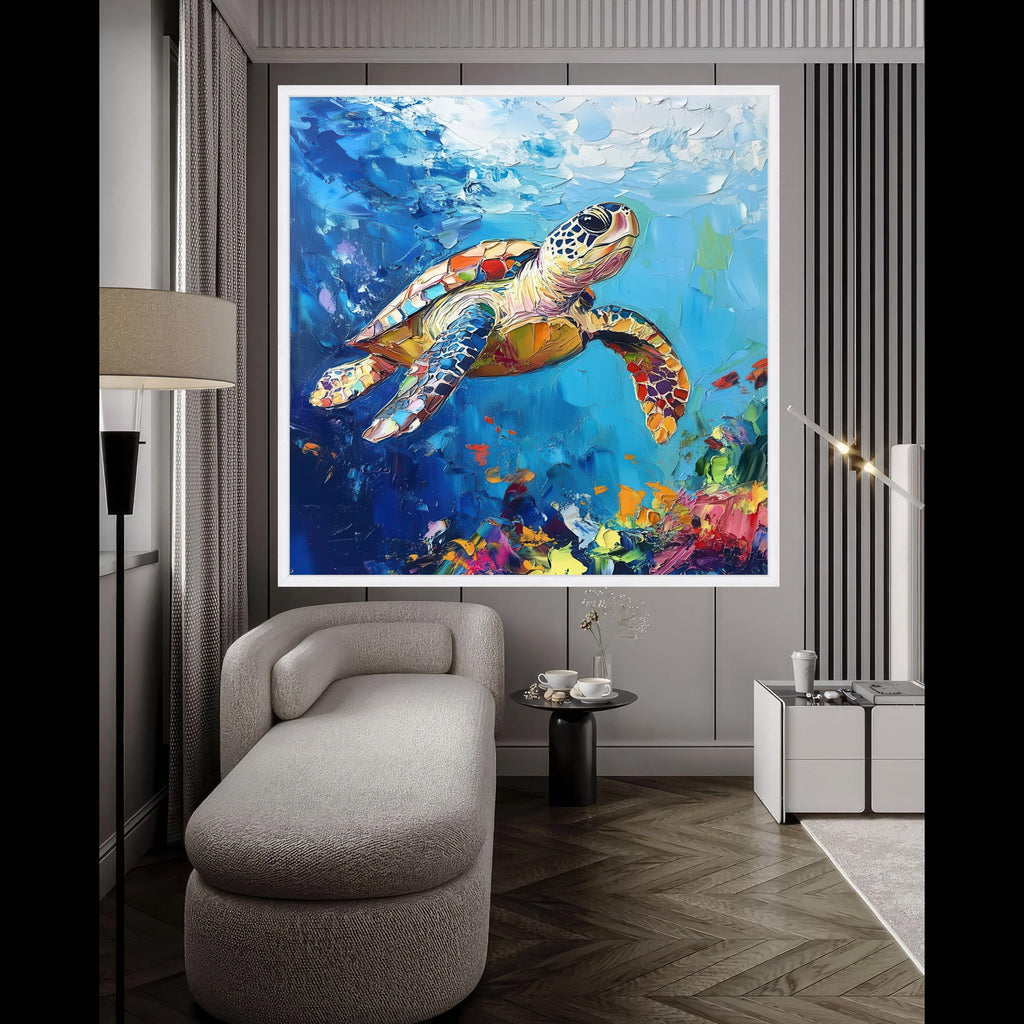 Colorful Sea Turtle Canvas Wall Art, Ocean Wildlife Painting, Abstract Marine Decor, Vibrant Underwater Scene, Nautical Home Ready To Hang,