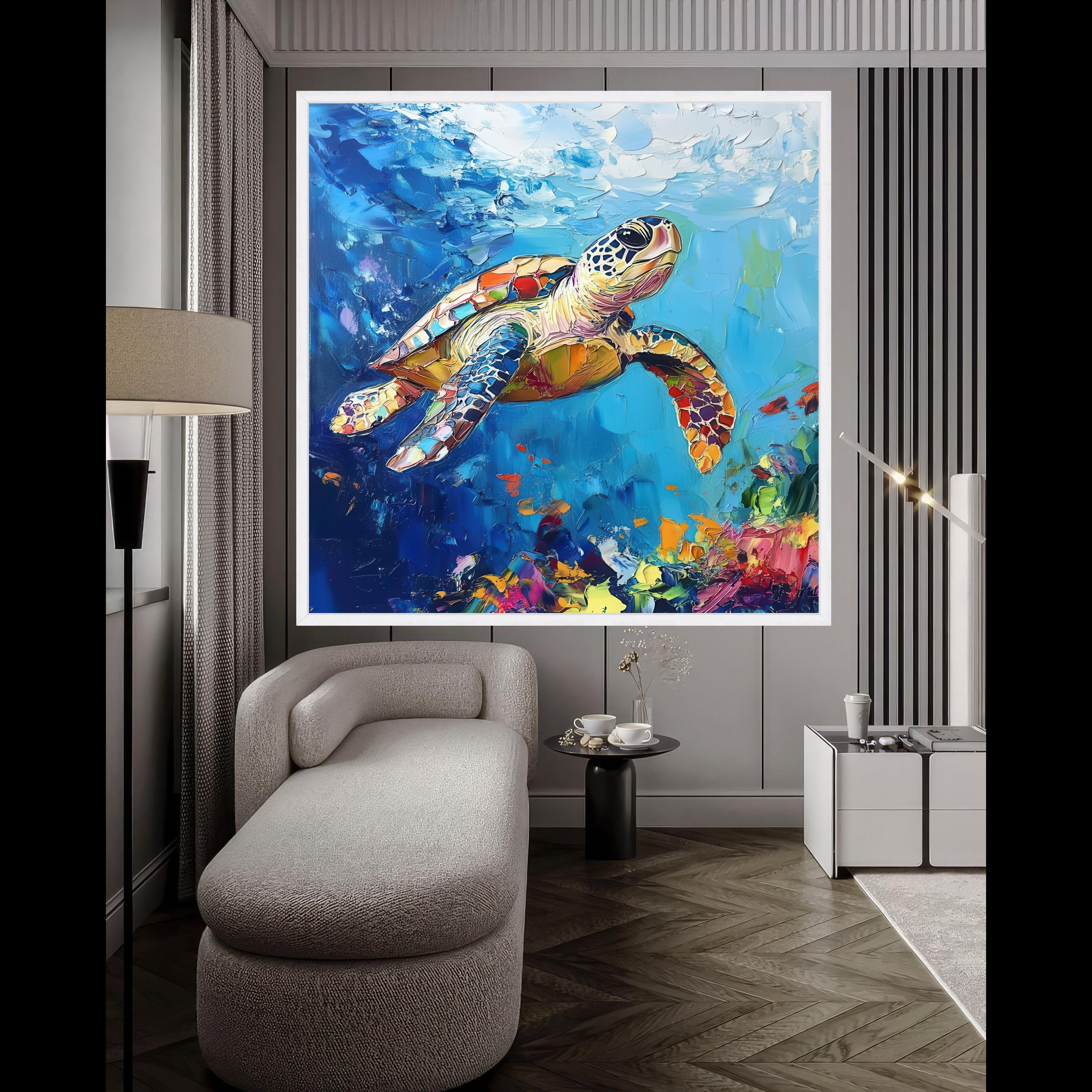 Colorful Sea Turtle Canvas Wall Art, Ocean Wildlife Painting, Abstract Marine Decor, Vibrant Underwater Scene, Nautical Home Ready To Hang,