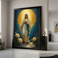 Divine Virgin Mary Canvas Wall Art, Sacred Religious Painting, Illuminated Halo Artwork, Spiritual Christian Home Decor, Ready To Hang,
