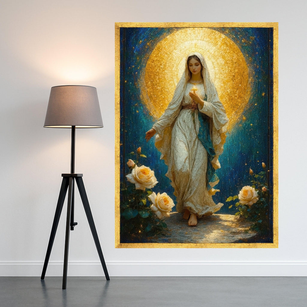 Divine Virgin Mary Canvas Wall Art, Sacred Religious Painting, Illuminated Halo Artwork, Spiritual Christian Home Decor, Ready To Hang,