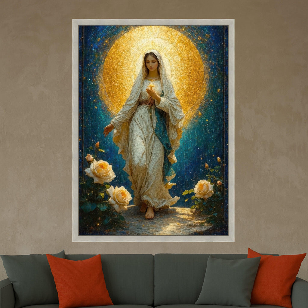 Divine Virgin Mary Canvas Wall Art, Sacred Religious Painting, Illuminated Halo Artwork, Spiritual Christian Home Decor, Ready To Hang,