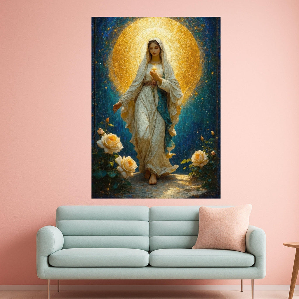 Divine Virgin Mary Canvas Wall Art, Sacred Religious Painting, Illuminated Halo Artwork, Spiritual Christian Home Decor, Ready To Hang,