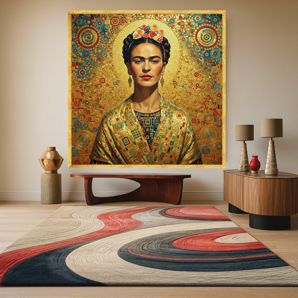 Frida Kahlo Portrait Canvas Wall Art, Golden Geometric Background, Modern Iconic Mexican Art, Vibrant Cultural Canvas Ready To Hang,