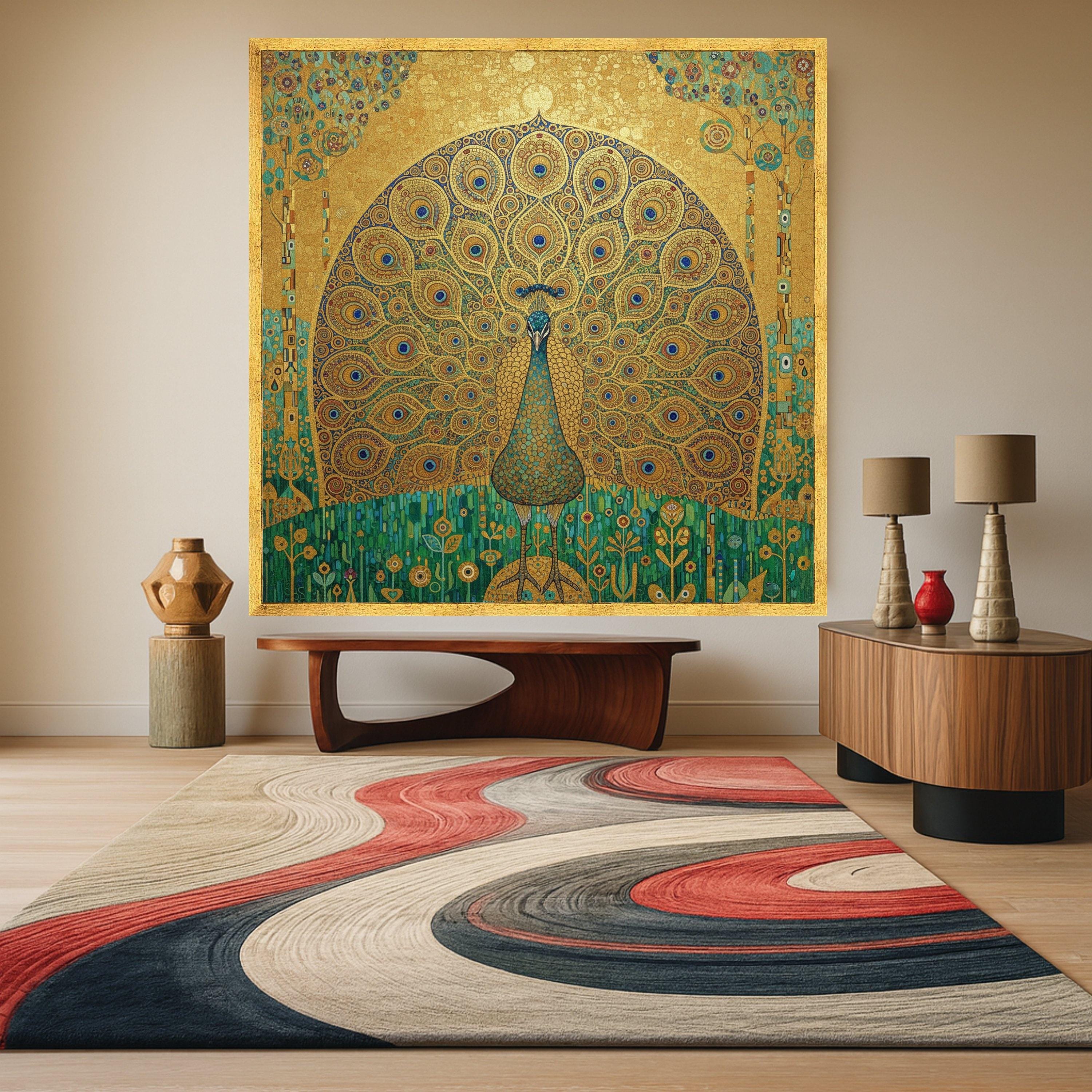 Golden Peacock Canvas Wall Art, Ornate Bird Illustration, Artistic Wildlife Decor, Decorative Nature Print, Elegant Home Wall Ready To Hang,