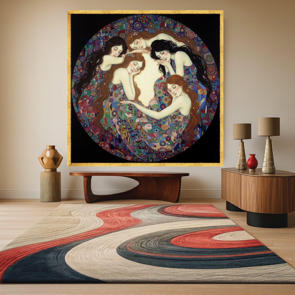Dreaming Women Circle Canvas Wall Art, Colorful Abstract Pattern, Bohemian Home Decor, Feminine Bedroom Canvas, Artistic Wall Ready To Hang,